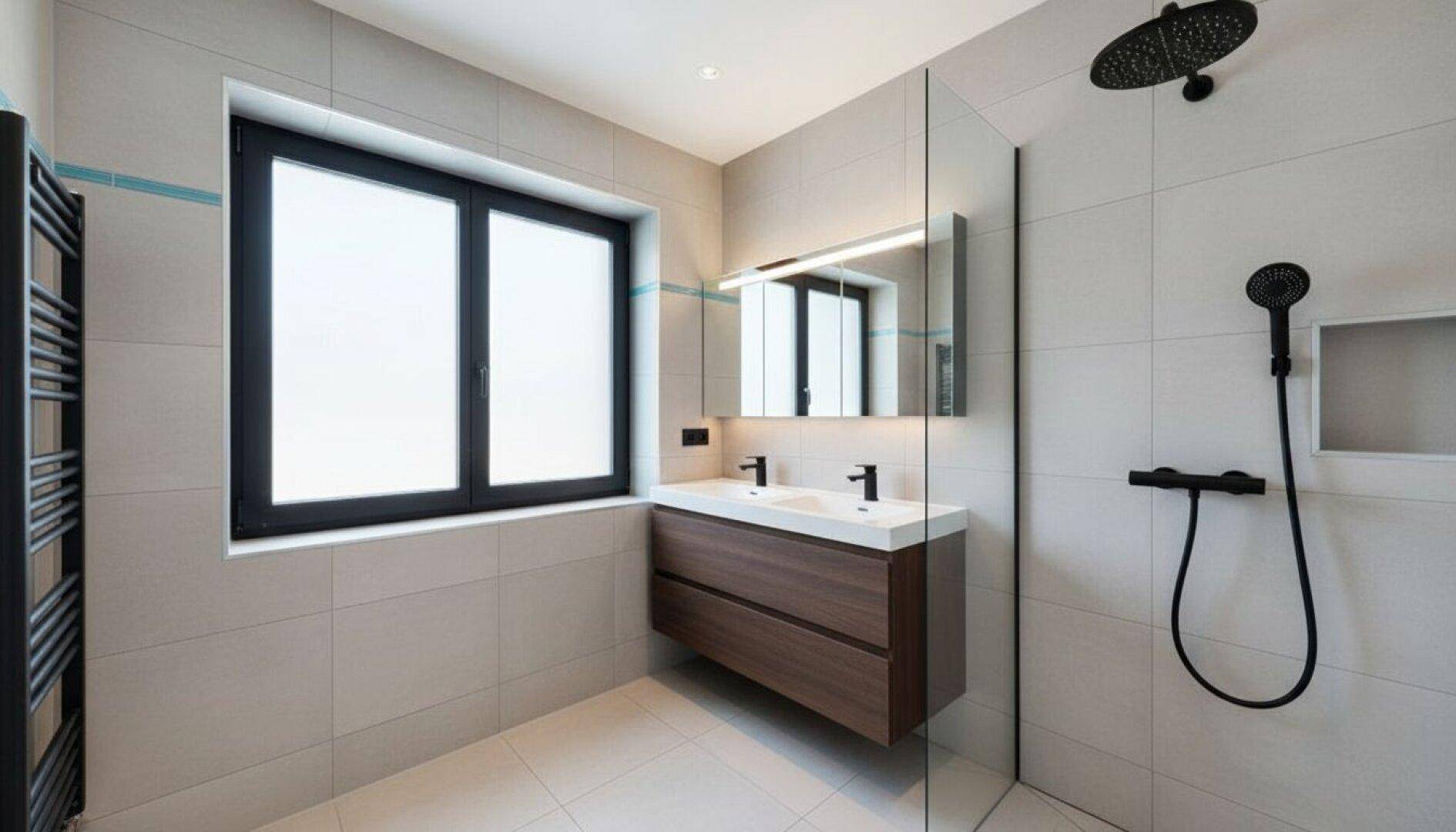 Modernes Badezimmer mit großer Dusche, Doppelwaschbecken und Fenster, in hellen Grautönen gehalten.