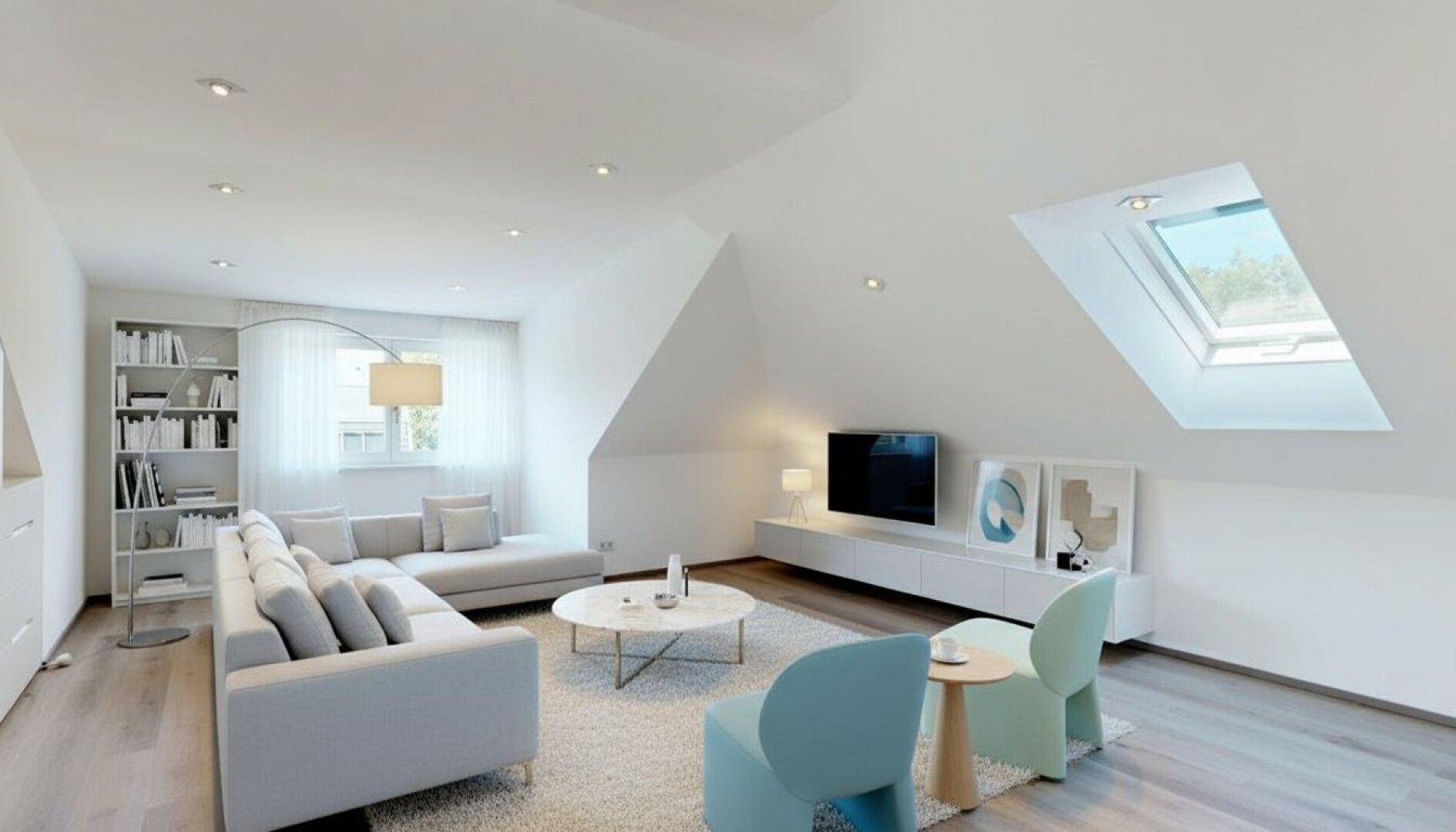 Helles Wohnzimmer im Dachgeschoss mit Schrägen, Dachfenster und moderner Einrichtung.