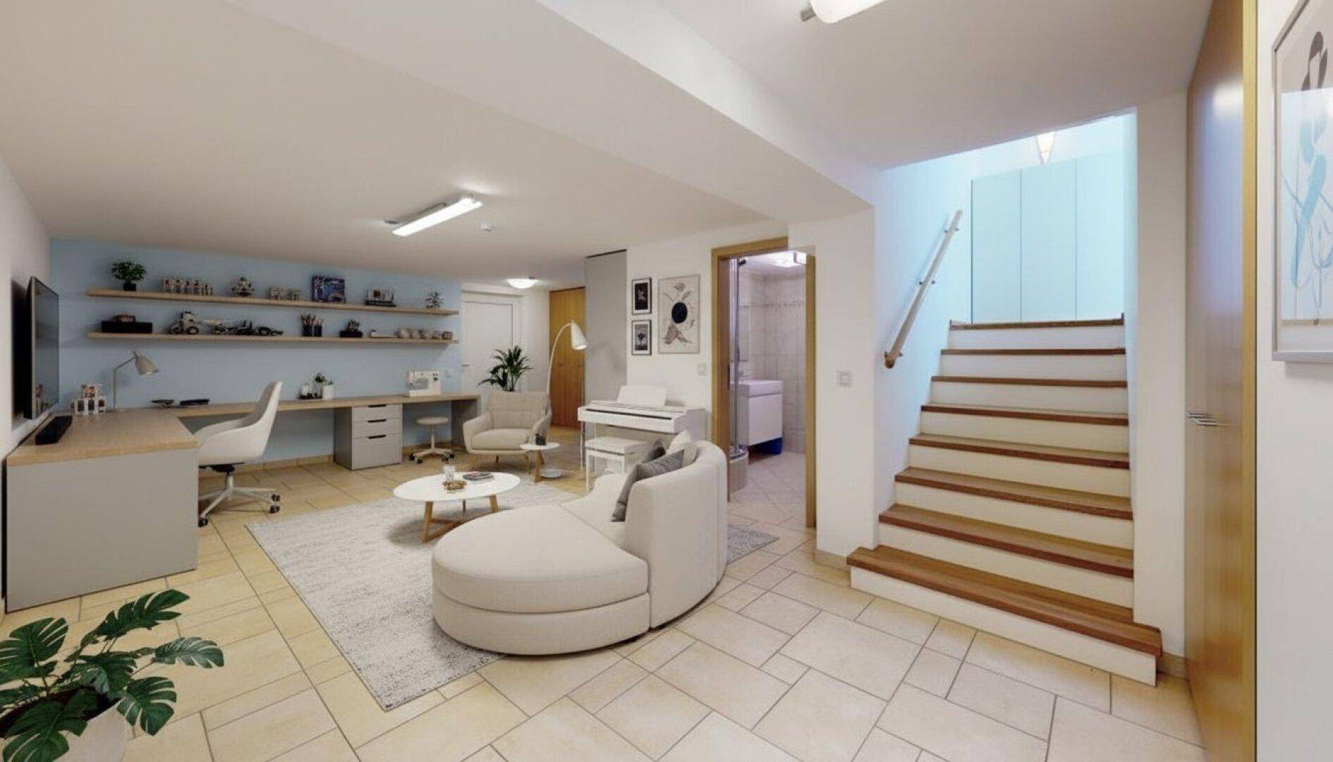 Vielseitig nutzbarer Kellerraum mit Arbeitsbereich, Sitzgelegenheiten und Zugang zur Treppe.