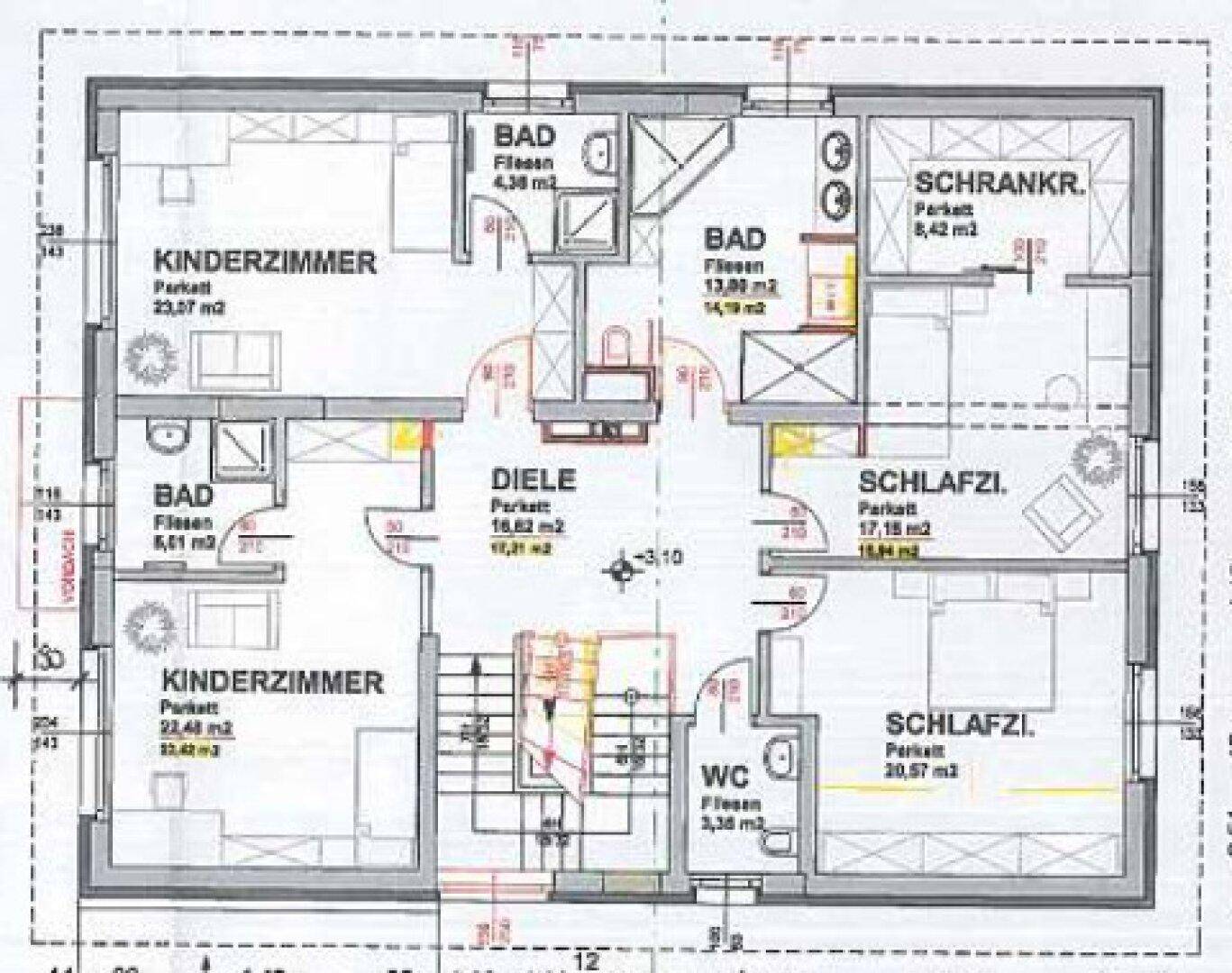 Grundriss des Obergeschosses mit drei Schlafzimmern, drei Bädern und einem Ankleidezimmer.