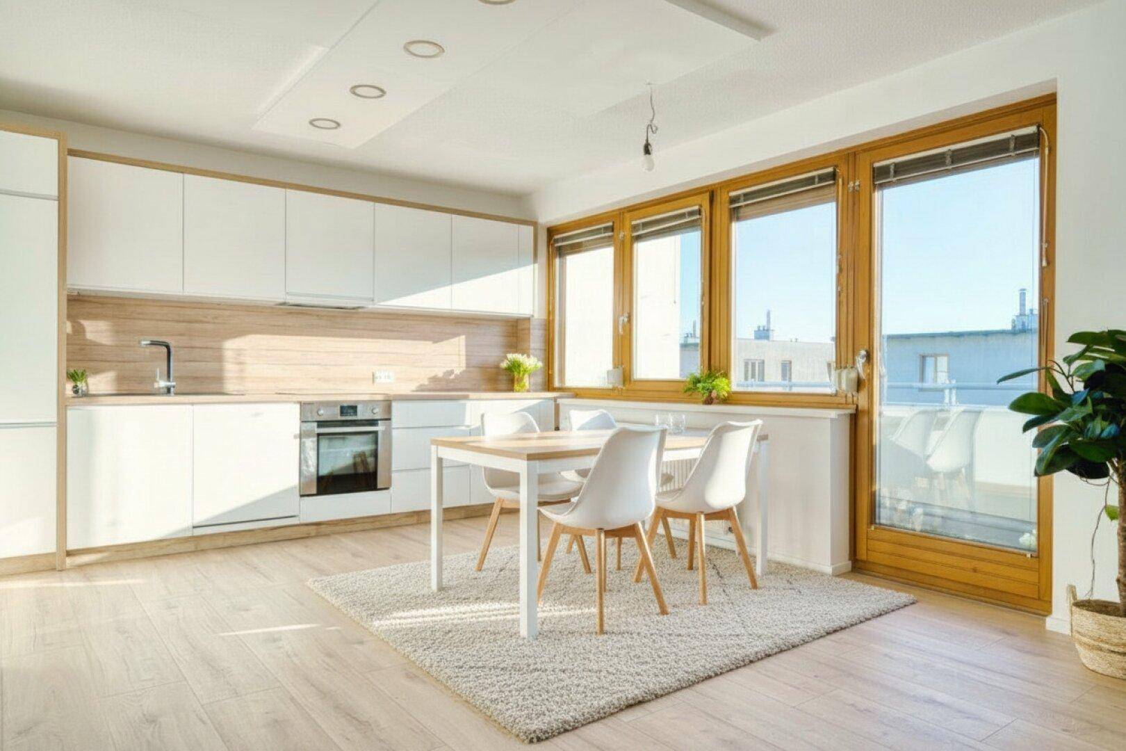 Moderne Wohnküche mit Essbereich, weißen Möbeln und Zugang zu einem sonnigen Balkon.