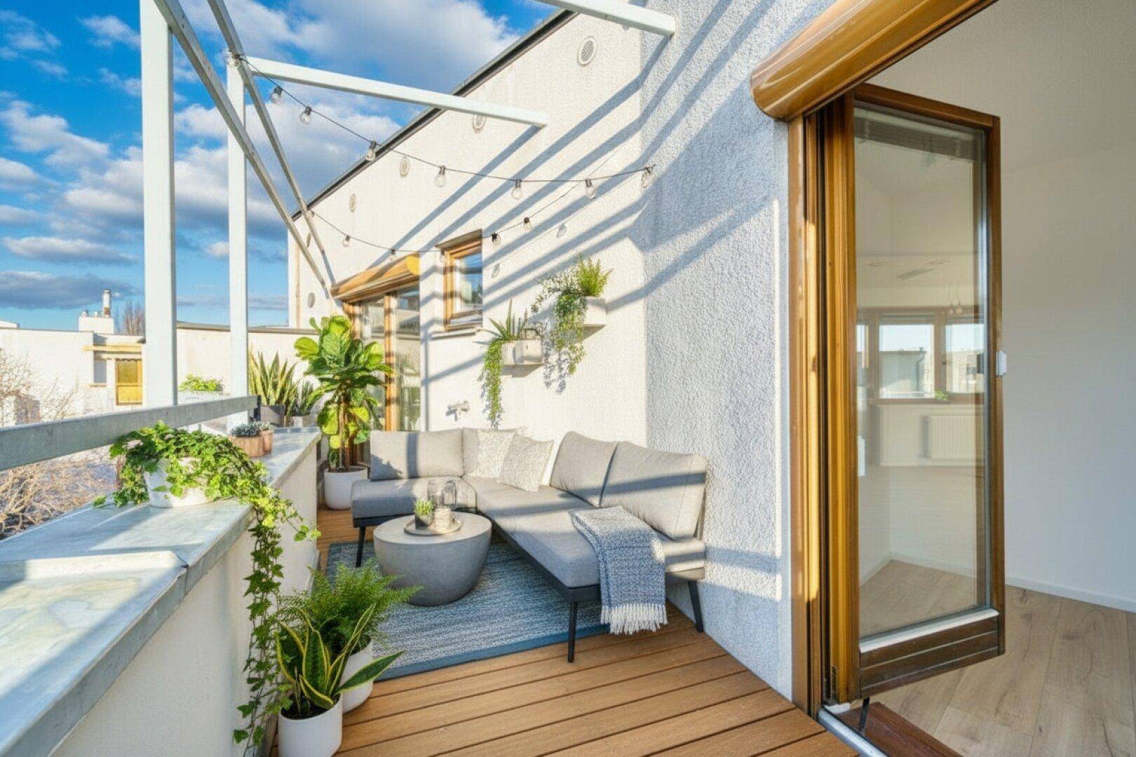 Gemütlicher Balkon mit Holzdeck, bequemen Sitzmöbeln und dekorativer Beleuchtung.