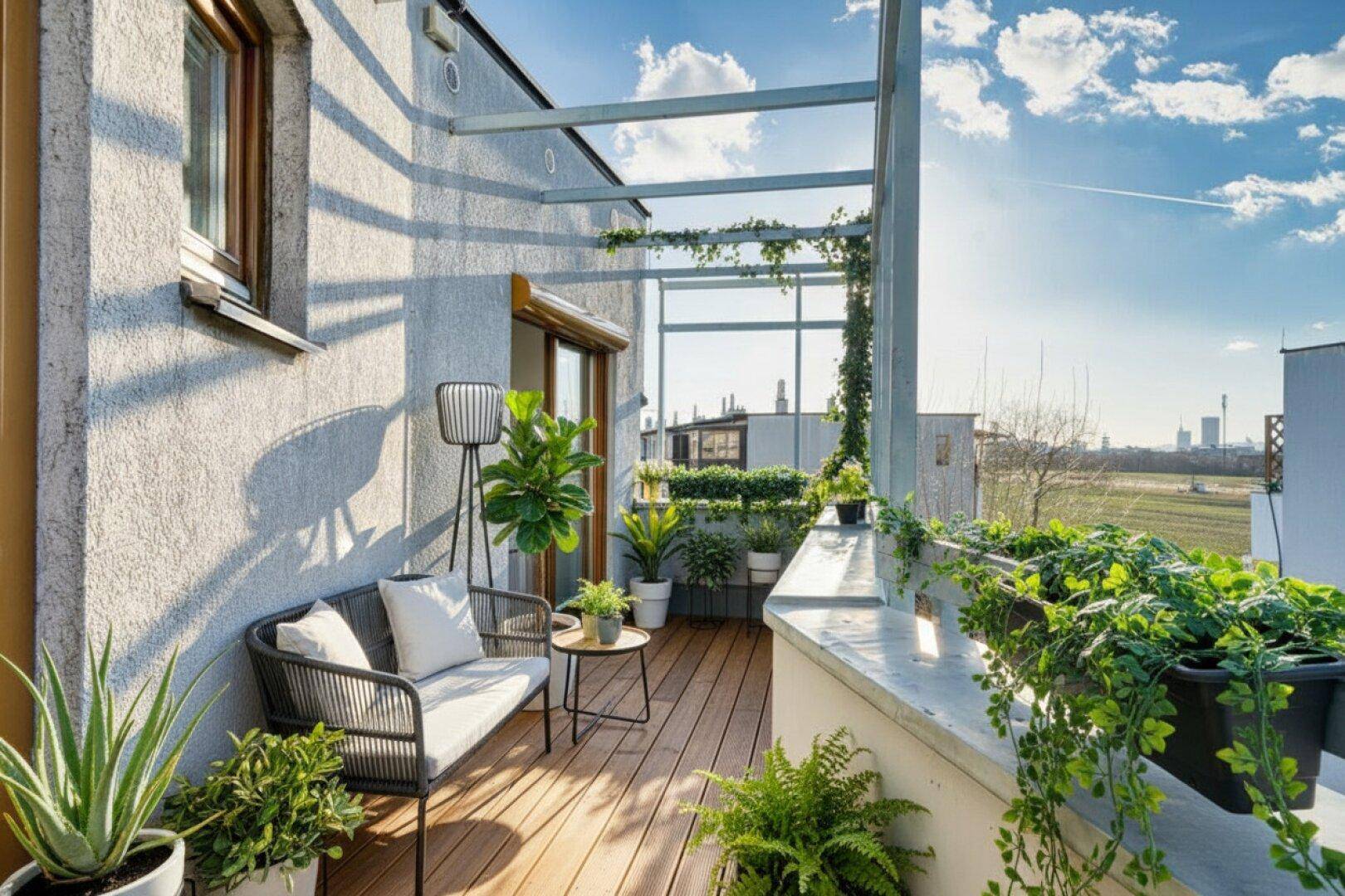 Attraktiver Balkon mit Holzdeck, modernen Sitzmöbeln und vielen Pflanzen für eine grüne Oase.