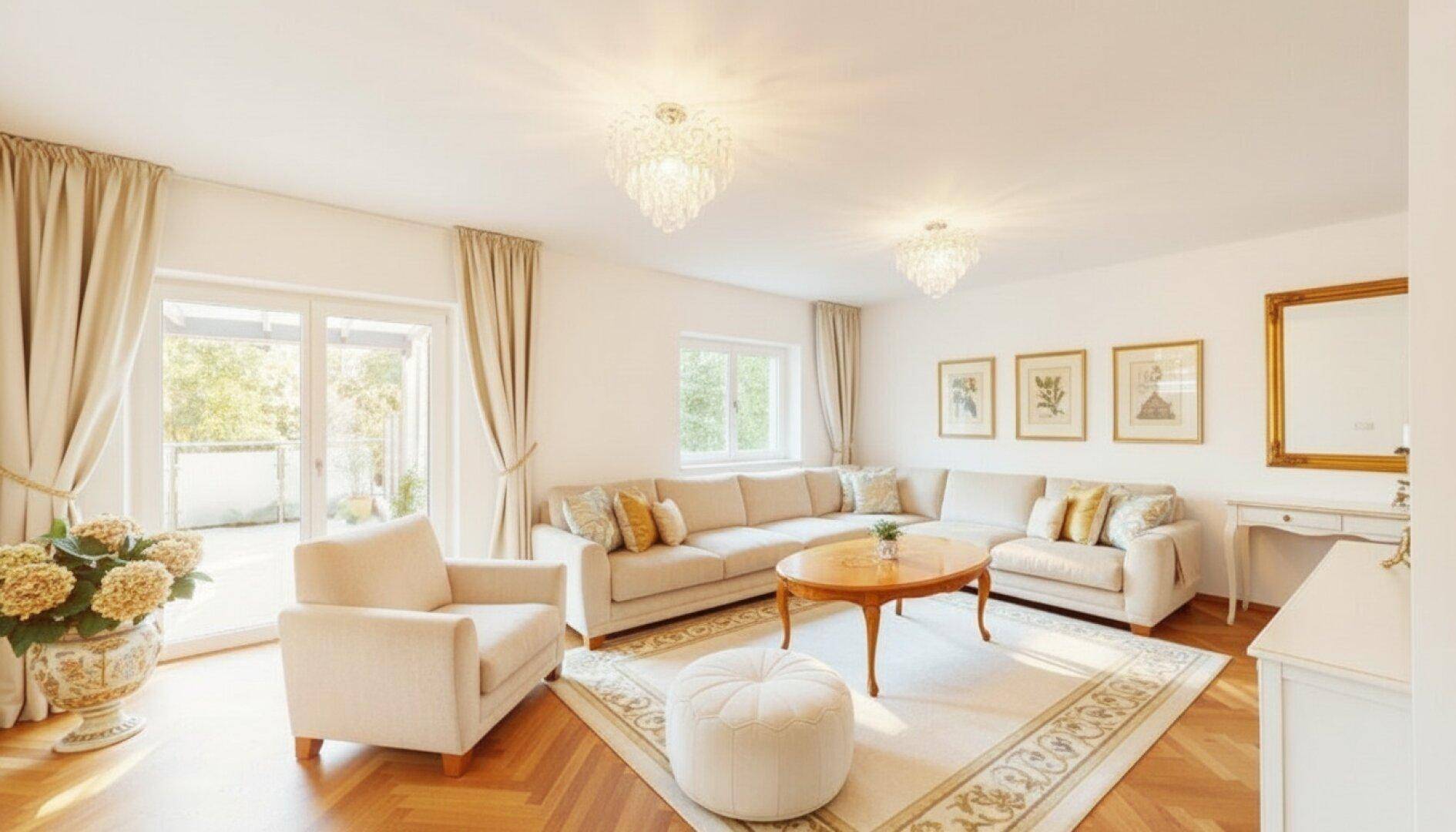 Helles Wohnzimmer mit eleganten Möbeln, Parkettboden und Zugang zu einem Balkon.