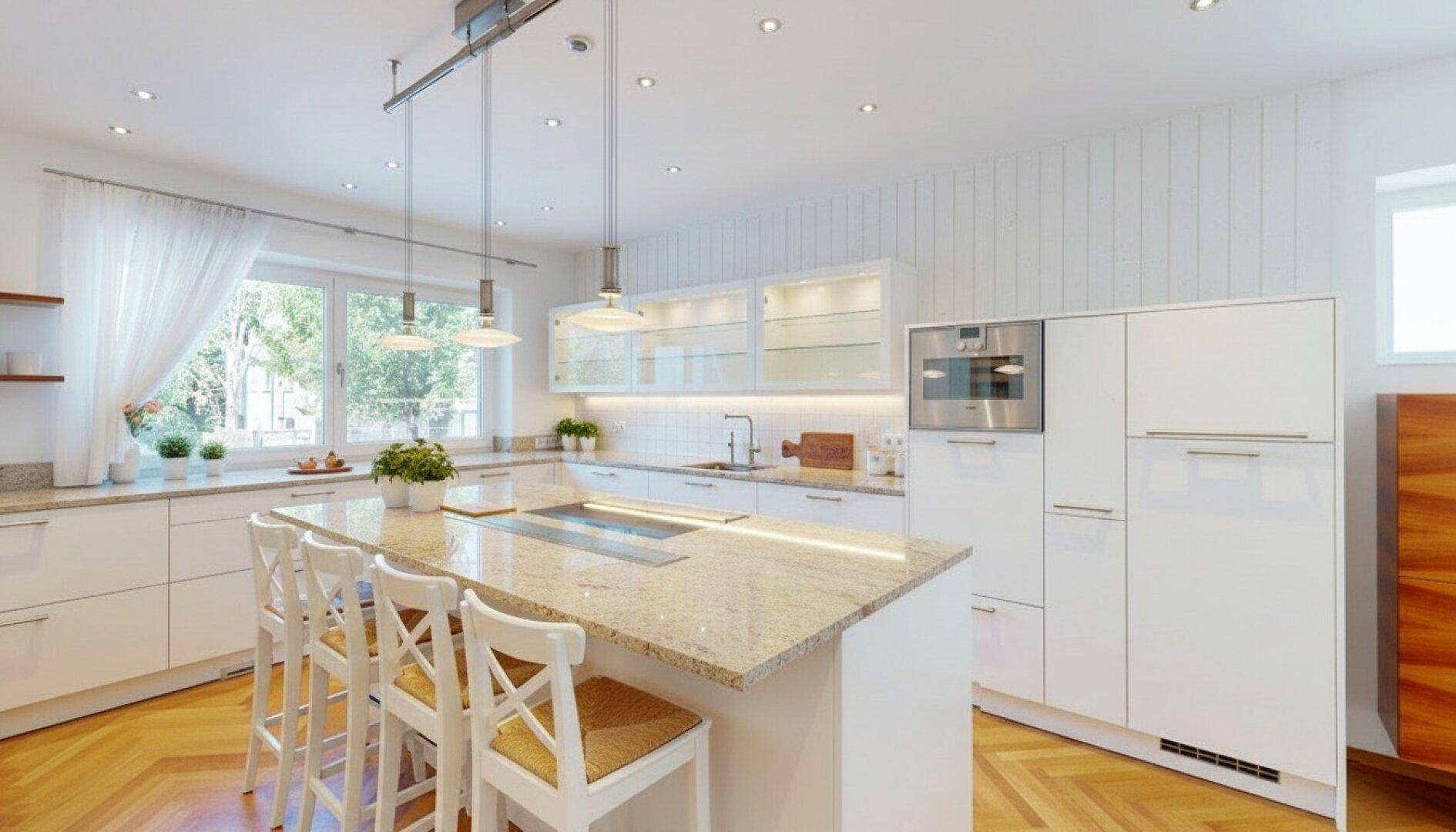 Helle, moderne Küche mit weißer Einrichtung, Kücheninsel und Granitarbeitsplatten.