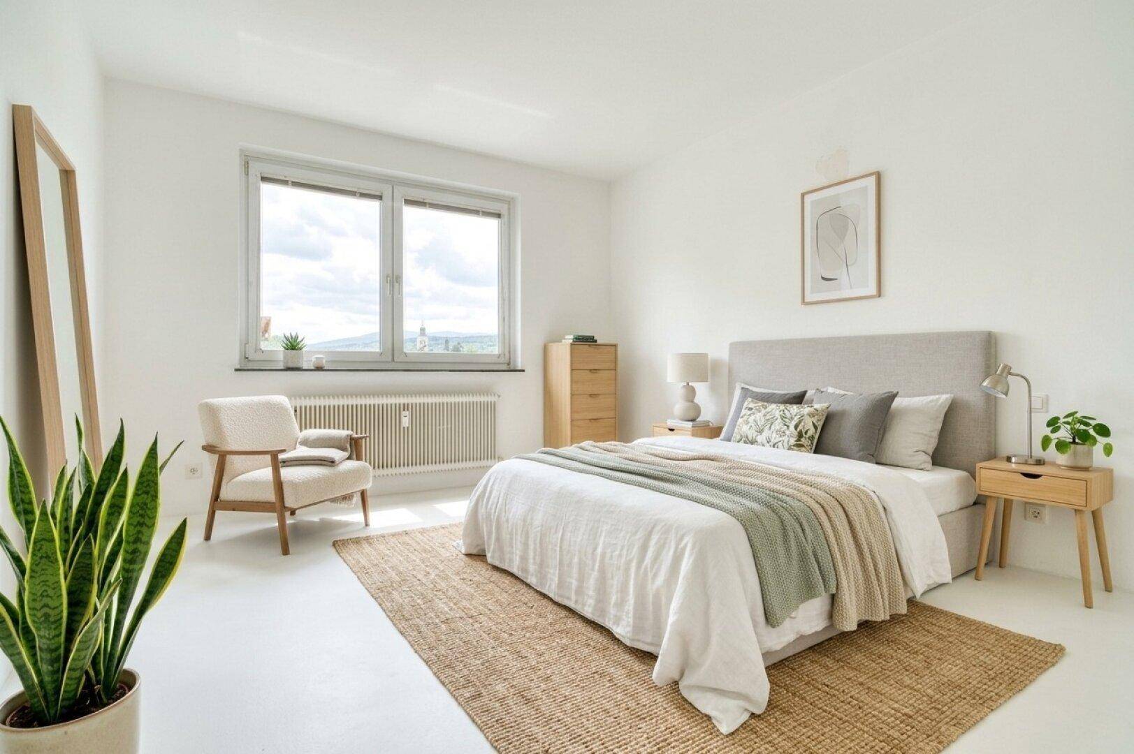 Modern eingerichtetes Schlafzimmer mit Doppelbett, Sessel und großem Fenster, hell und freundlich.