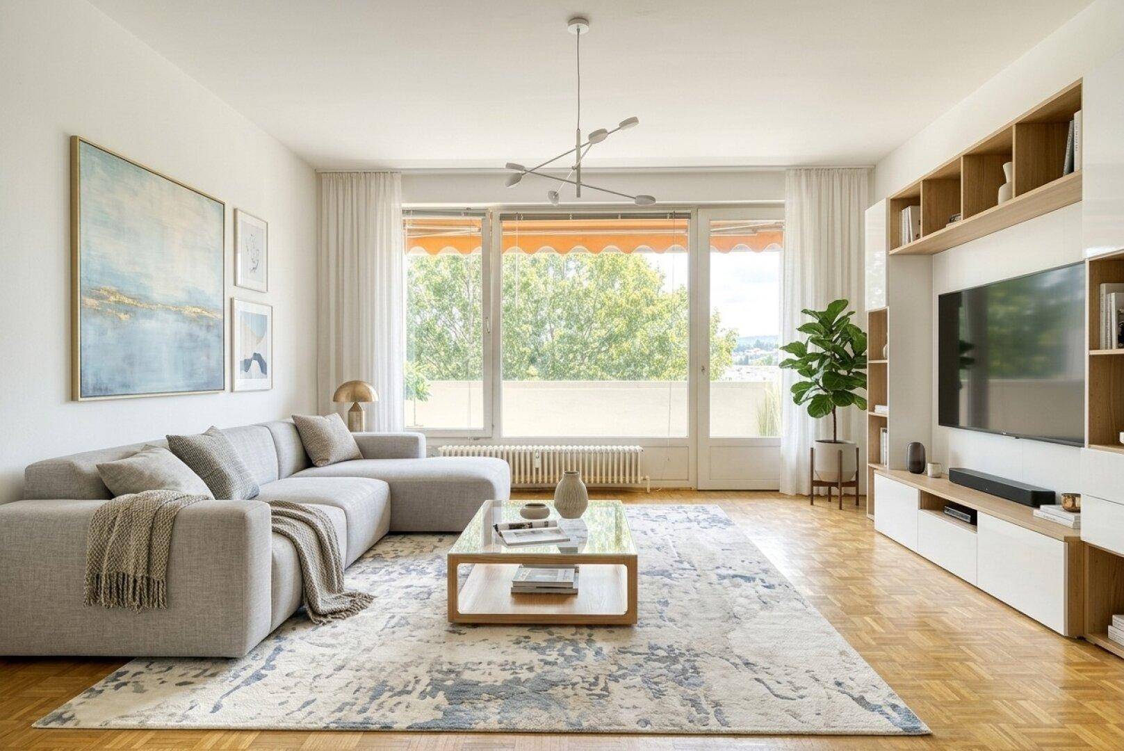 Geräumiges Wohnzimmer mit großem Sofa, TV-Möbeln und Zugang zu einem Balkon, hell und modern.