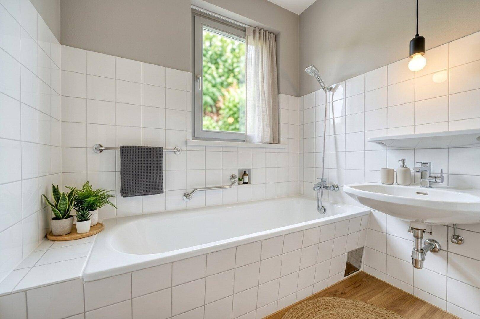 Helles Badezimmer mit Badewanne, Waschbecken und Fenster, ausgestattet mit weißen Fliesen und Holzfußboden.