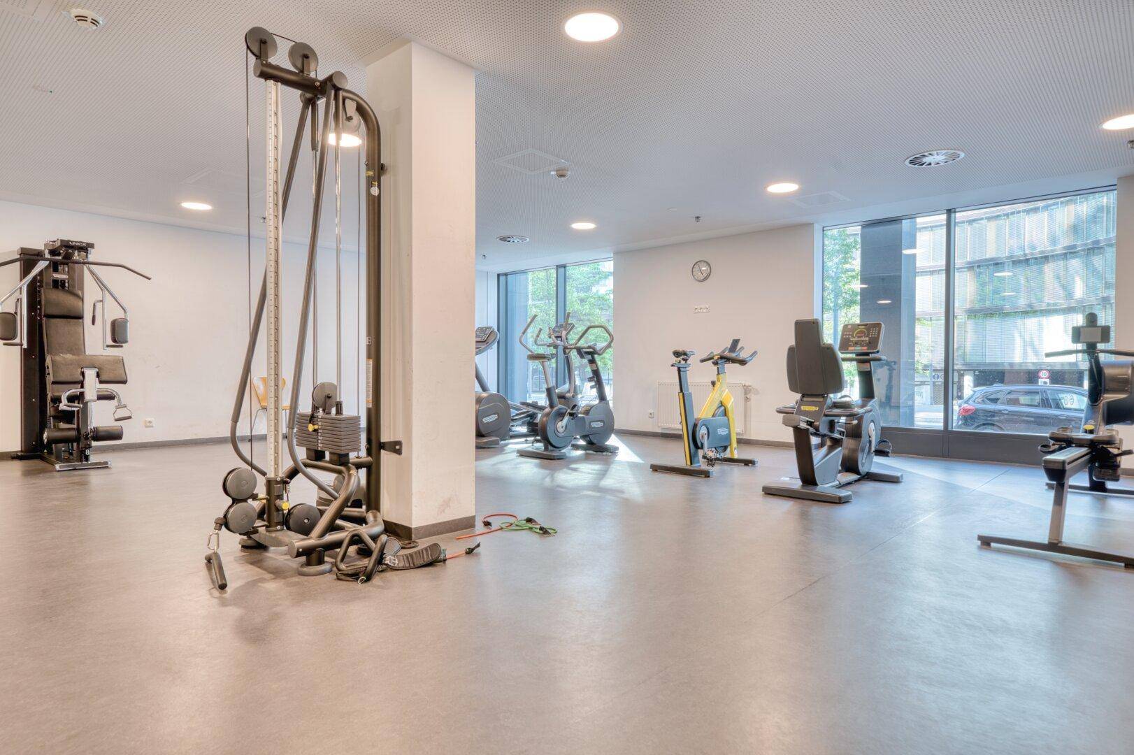 Geräumiger Fitnessraum mit verschiedenen Trainingsgeräten und großen Fenstern für Tageslicht.