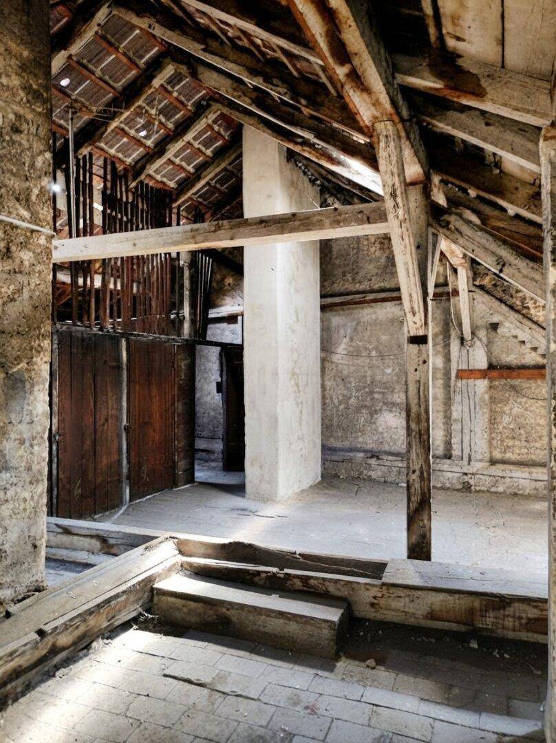 Rustikaler Dachboden mit Holzbalken und alten Ziegelwänden, wartet auf die Umgestaltung in Wohnraum.