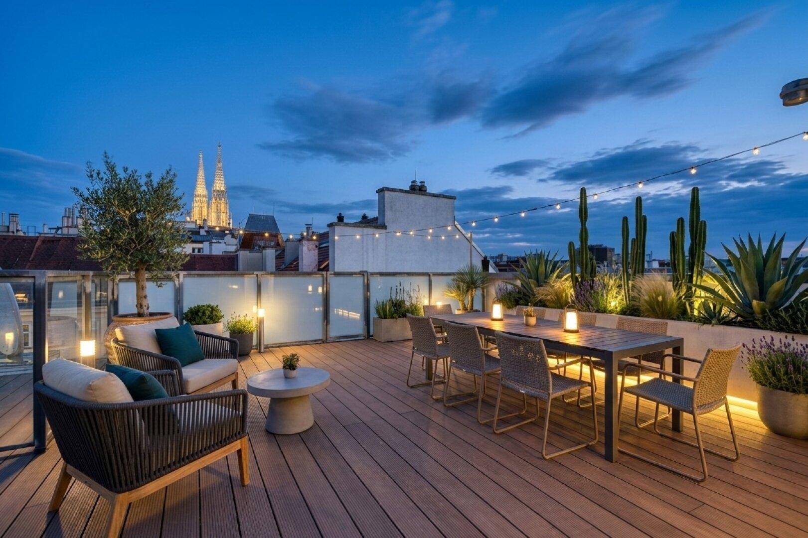 Dachterrasse Ebene 3 mit Möblierungsvorschlag KI