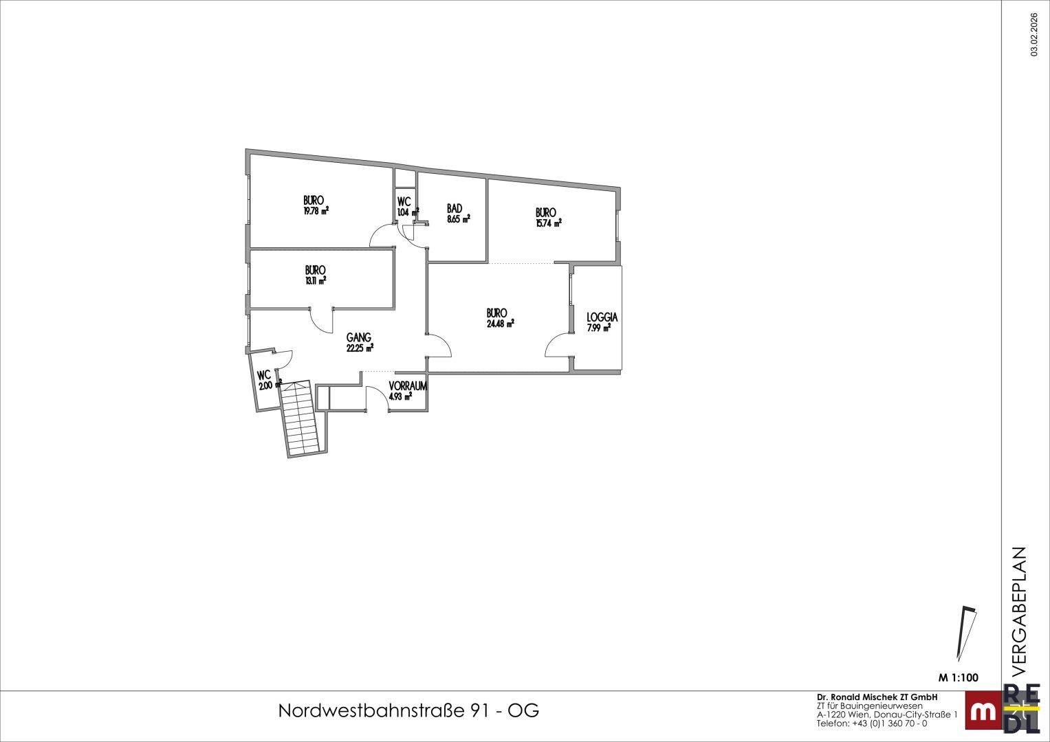 Grundriss des Obergeschosses mit Büros, Bad, WC und einer Loggia.