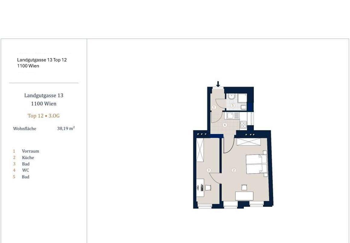 Grundriss einer Wohnung mit 38,19 m² Wohnfläche, Schlafzimmer und separatem Bad.