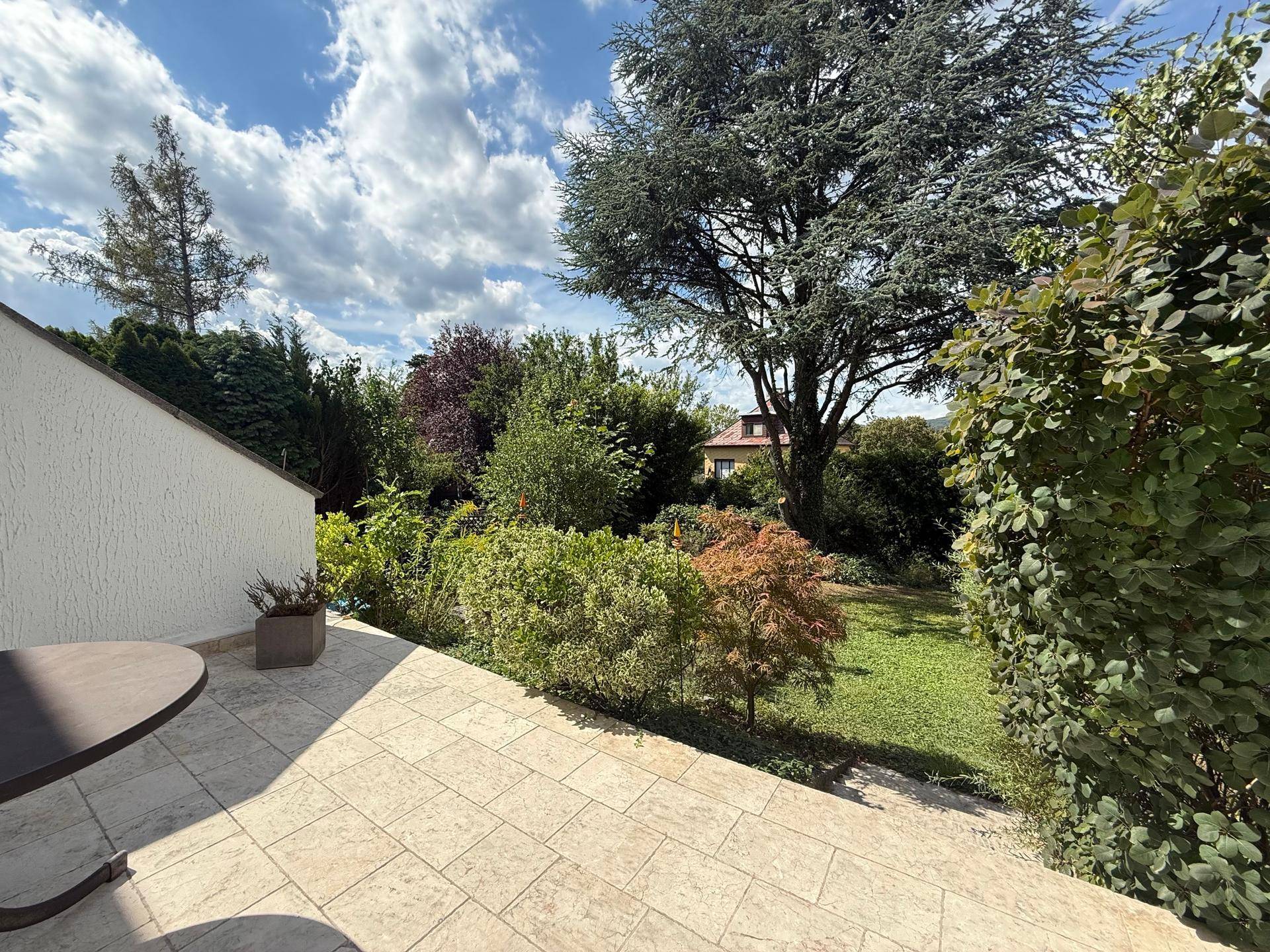 Gepflasterte Terrasse mit Blick auf den gepflegten Garten und hohe Bäume unter blauem Himmel.