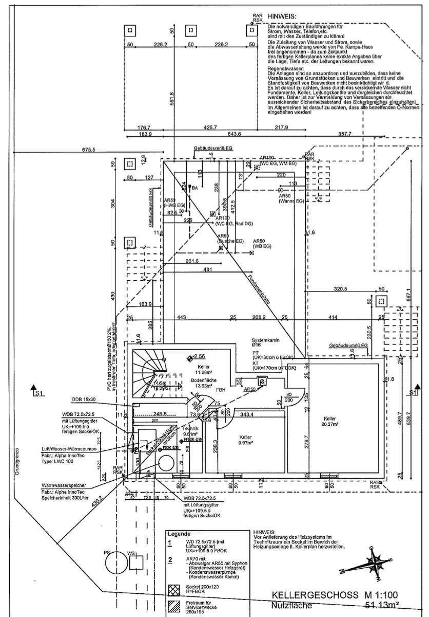 Grundriss des Kellergeschosses mit Technikraum und mehreren Kellerräumen.