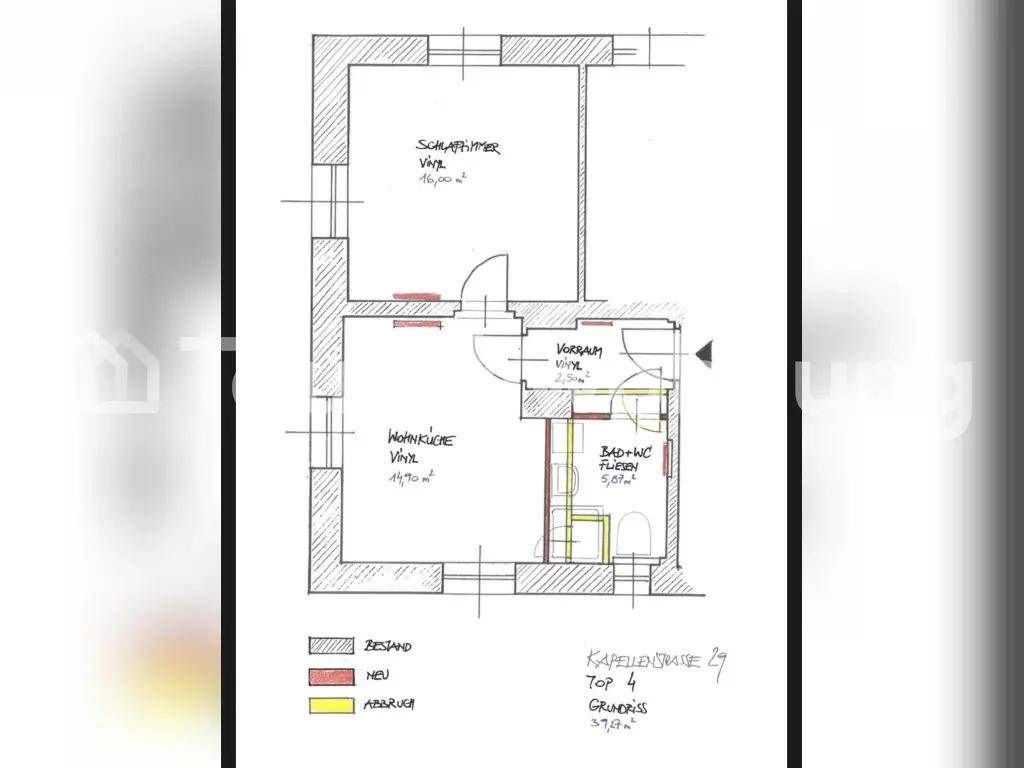 Handgezeichneter Grundriss einer Wohnung mit Schlafzimmer, Wohnküche und Bad.