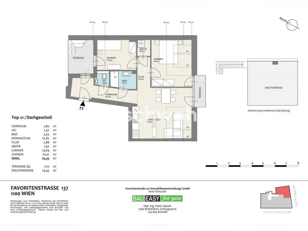 Detaillierter Grundriss einer Dachgeschosswohnung mit zwei Terrassen und offener Wohnküche.