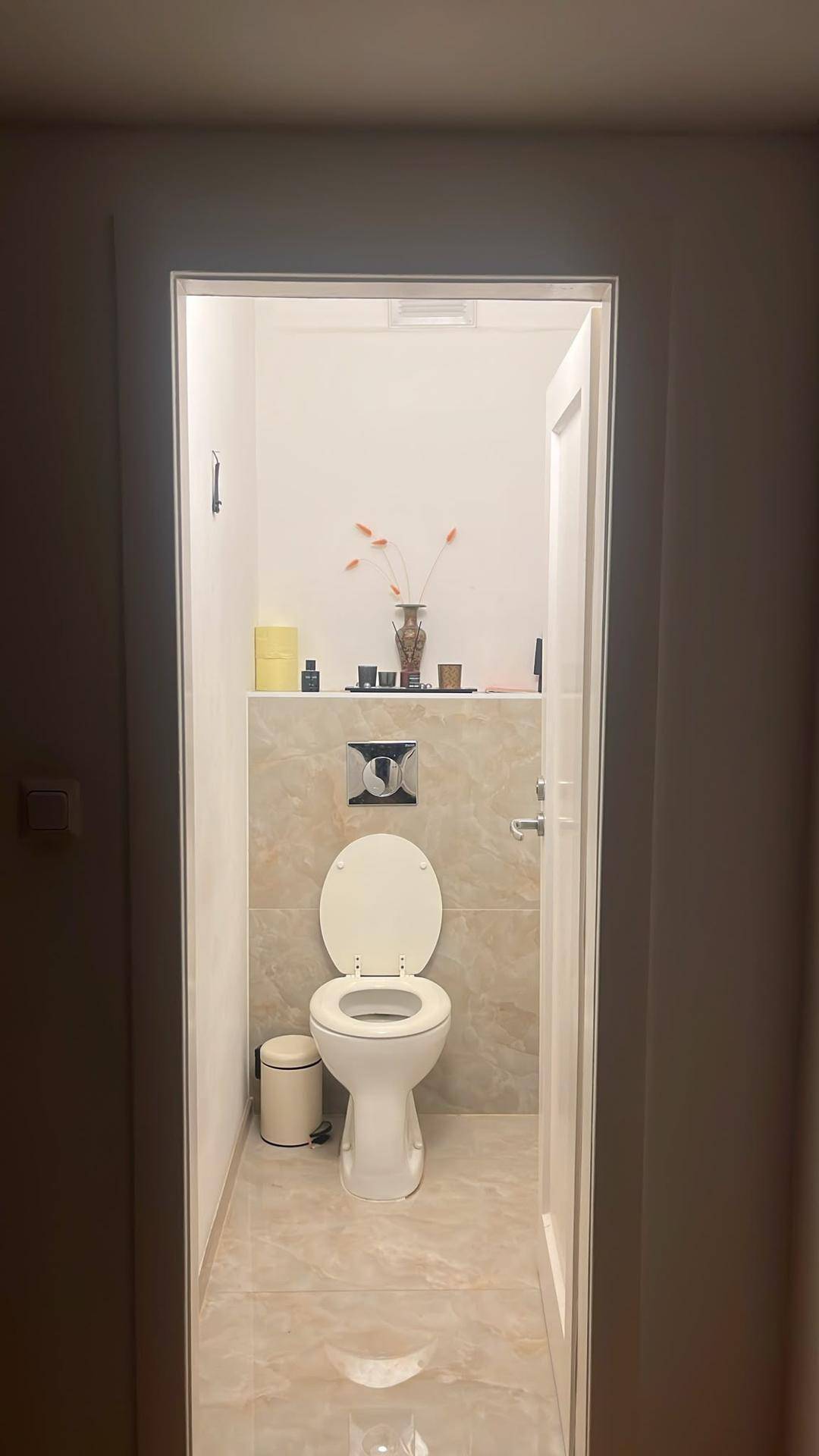 Separates WC mit Wand-WC und modernen Fliesen an den Wänden und auf dem Boden.