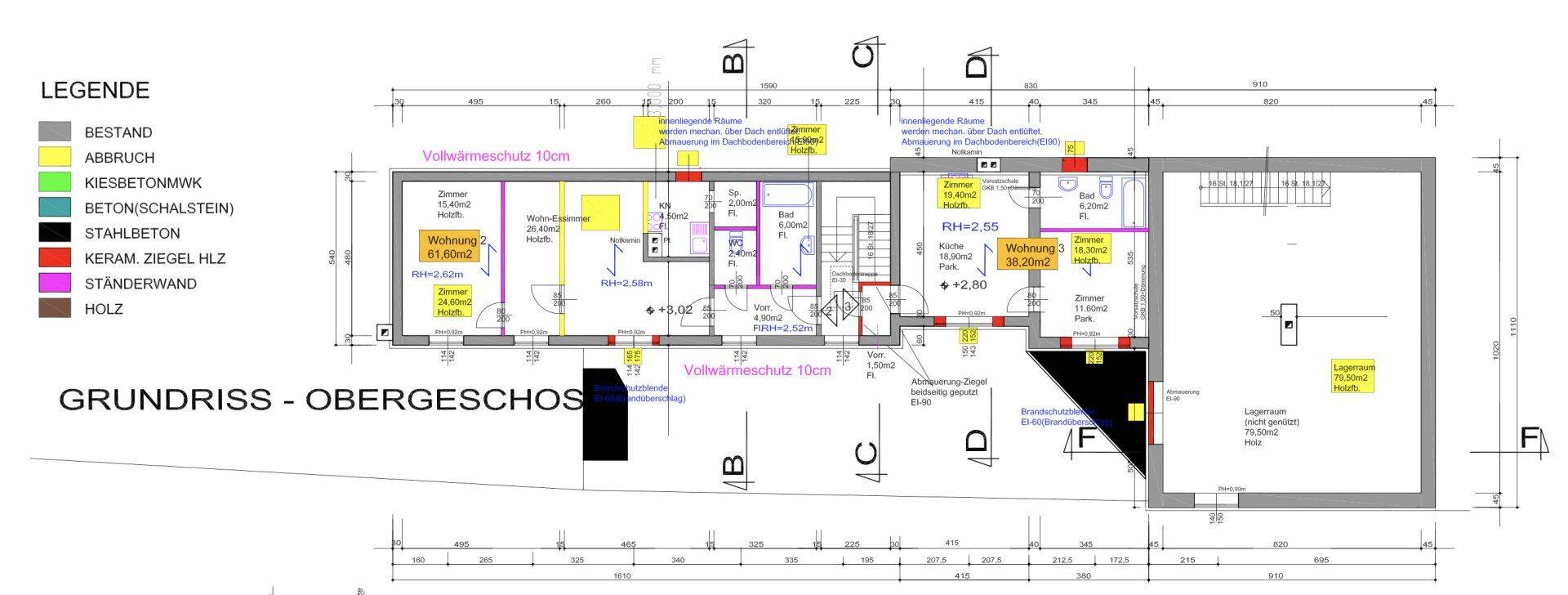 Grundriss des Obergeschosses mit Wohnbereichen und Treppenhaus.
