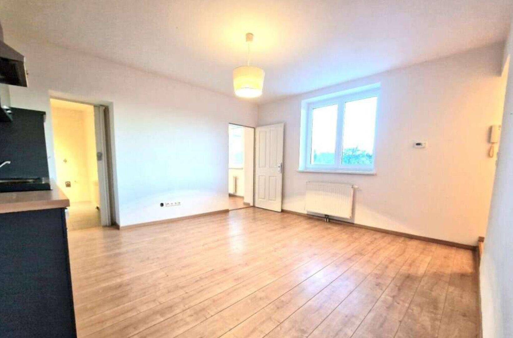 Geräumiger Wohnbereich mit Laminatboden, hellen Wänden und einem großen Fenster.