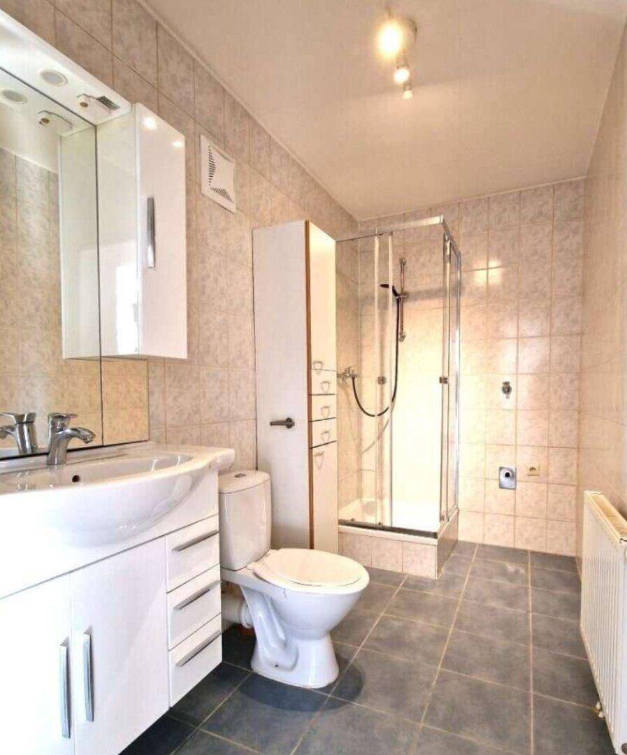 Modernes Badezimmer mit Duschkabine, WC, Waschbecken und hellen Fliesen.