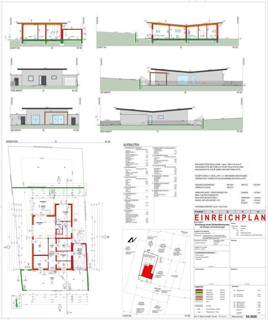 Architektonische Pläne mit Grundriss, Ansichten und Lageplan des Gebäudes.