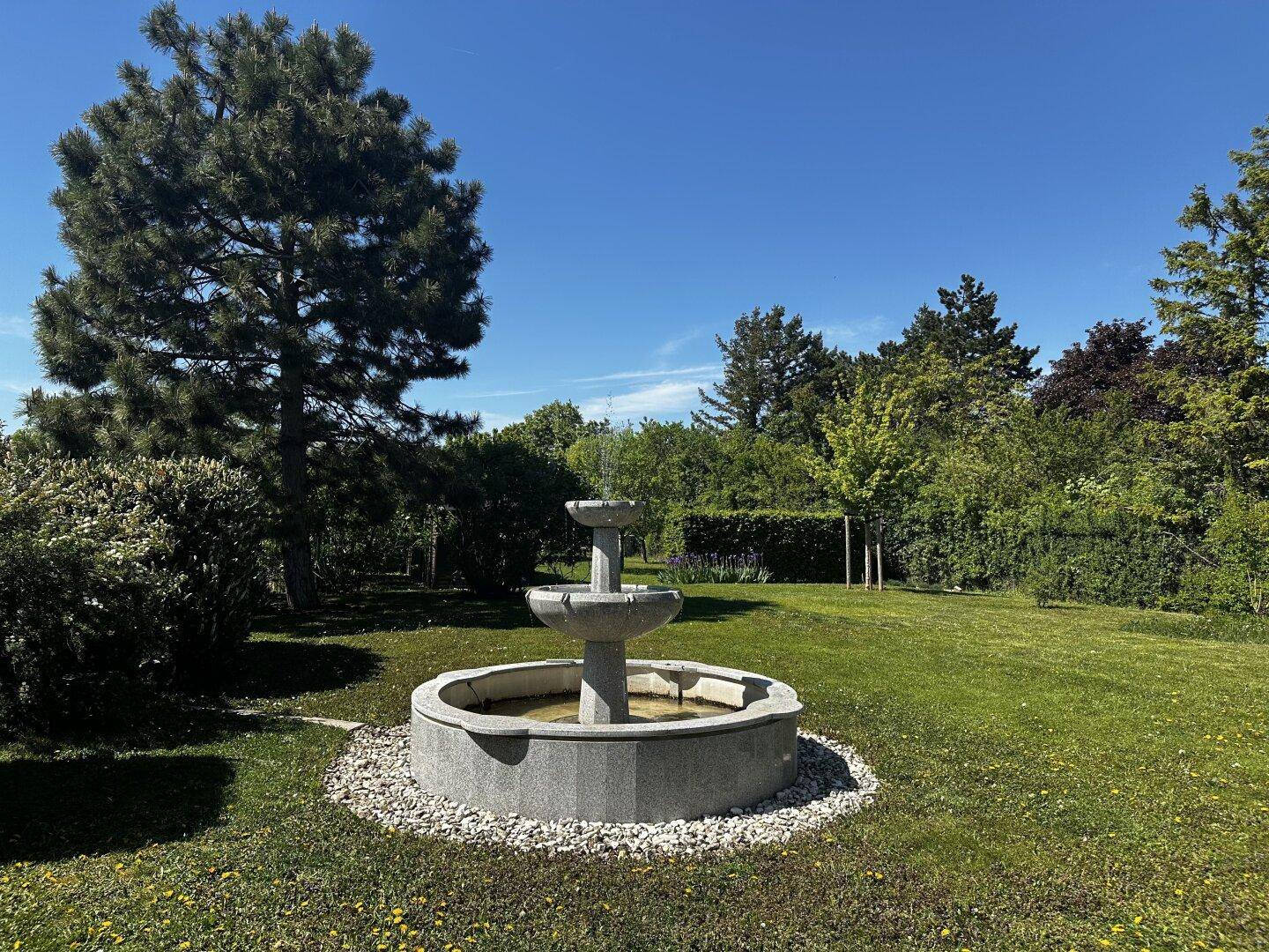 Dekorativer Brunnen im weitläufigen Garten mit grüner Rasenfläche und Bäumen.
