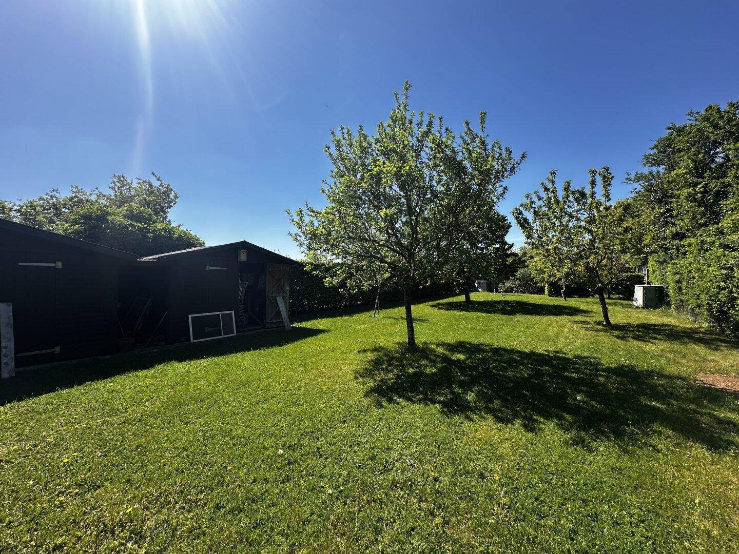 Großer Garten mit Rasenfläche, Obstbäumen und Gartenhäusern im Hintergrund.