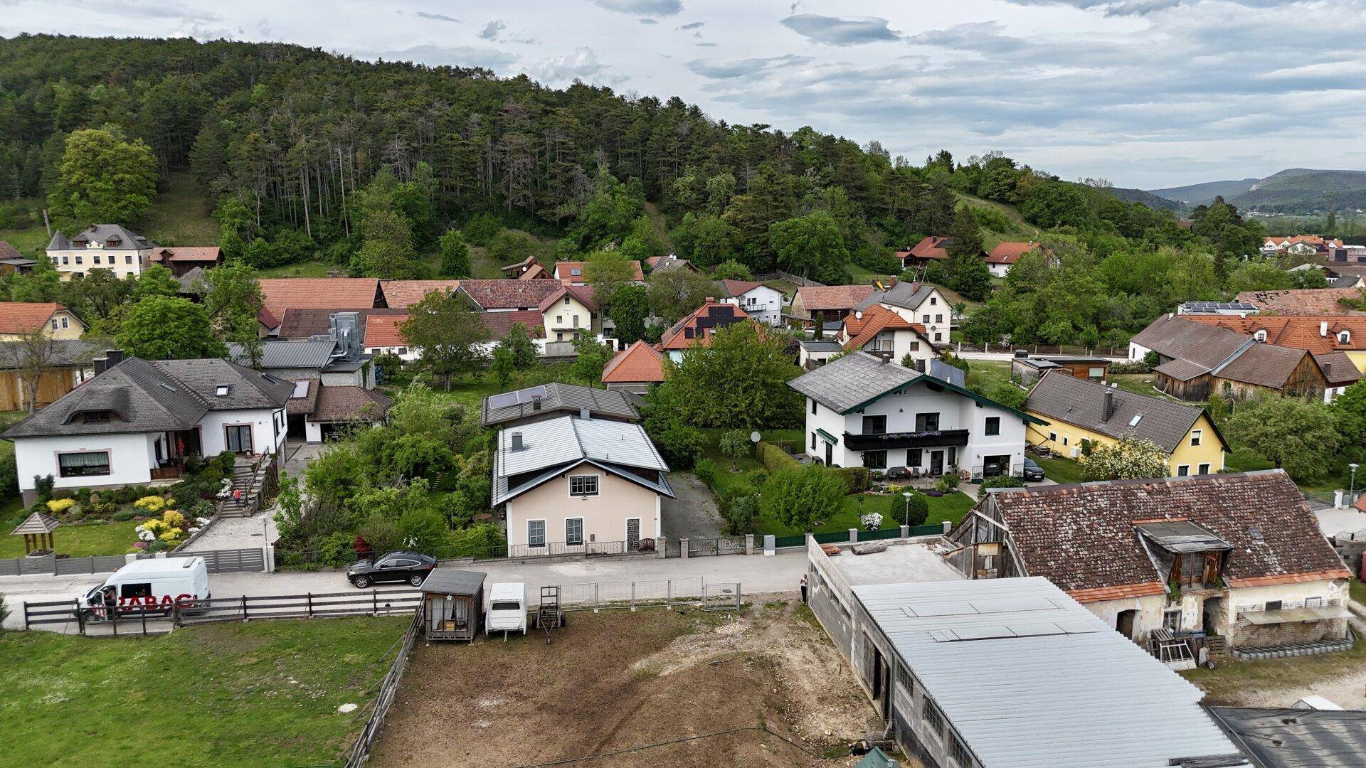 Übersicht über eine Wohnsiedlung mit verschiedenen Häusern und üppigen grünen Wäldern im Hintergrund.