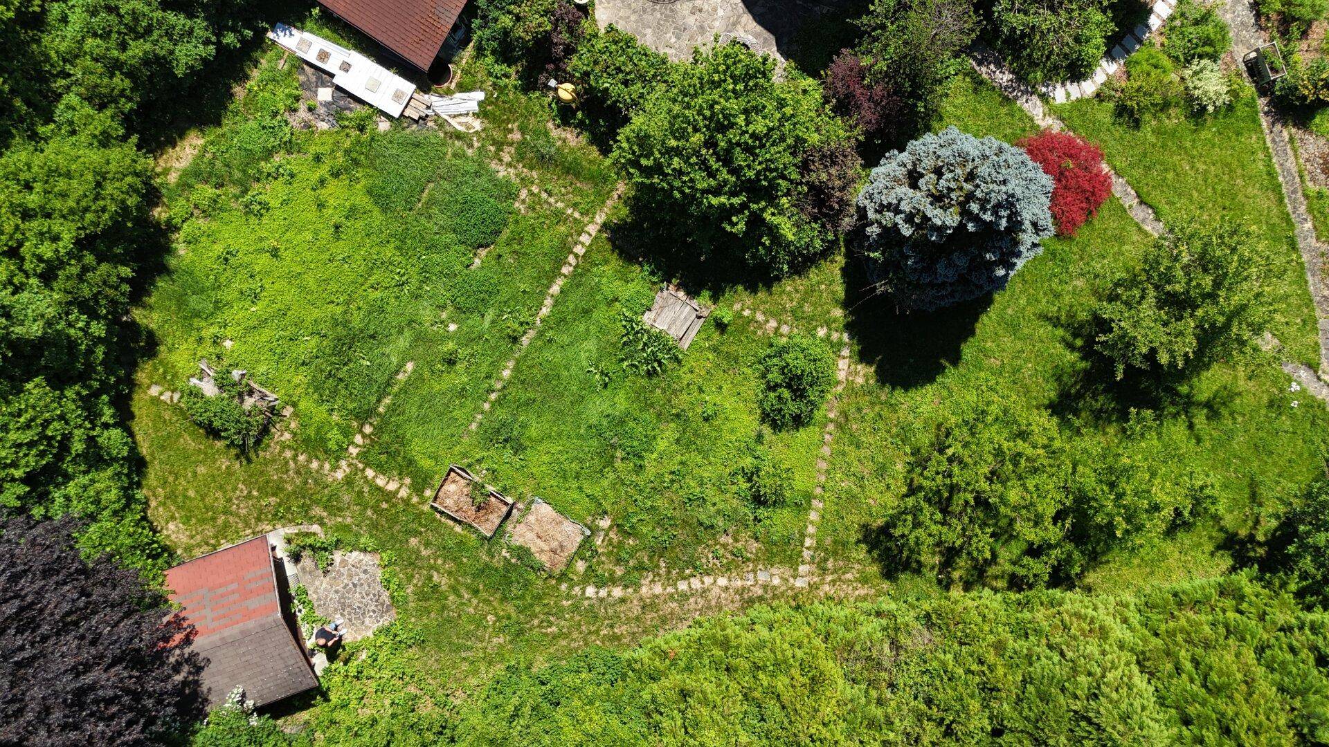 Luftaufnahme eines großen, grünen Grundstücks mit Schuppen, Hochbeeten und Wegen.