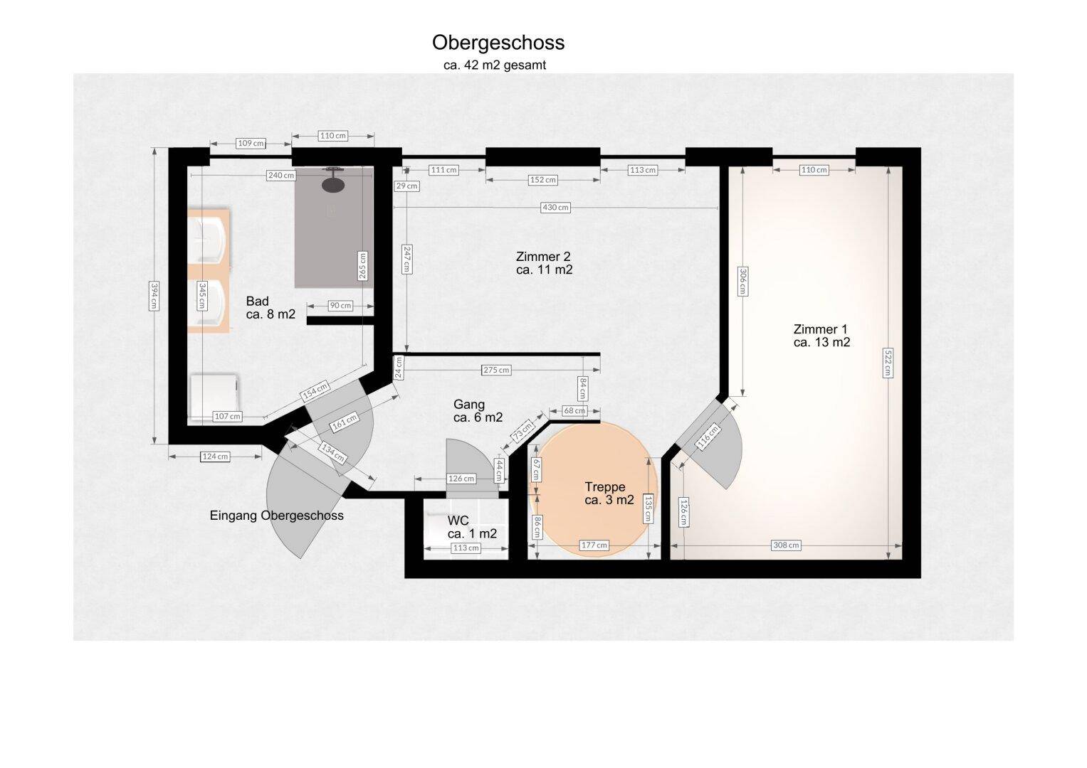 Grundriss des Obergeschosses mit zwei Zimmern, Bad und separatem WC.