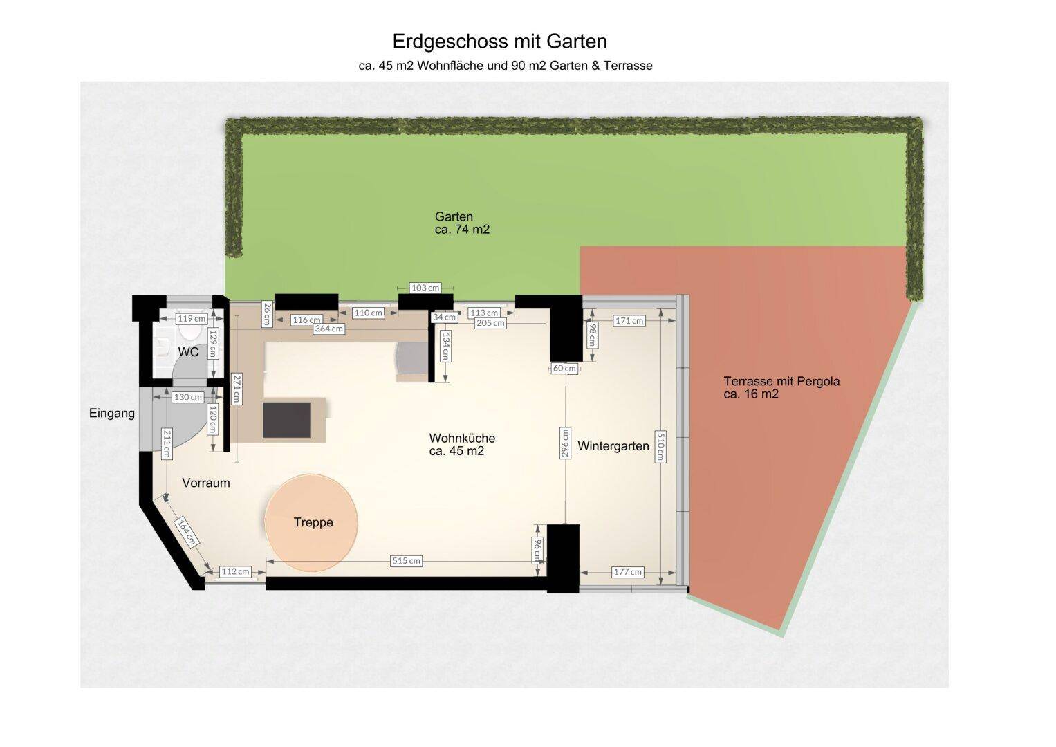 Grundriss des Erdgeschosses mit offener Wohnküche, Wintergarten, Terrasse und Garten.