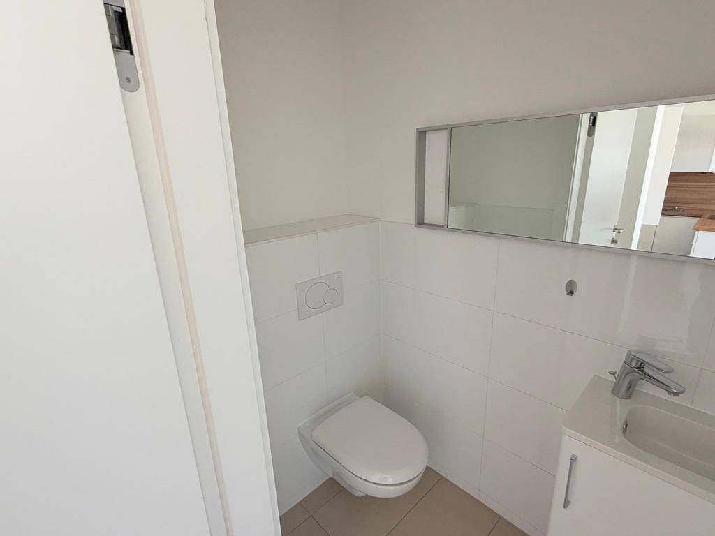 Modernes Gäste-WC mit wandhängendem WC, kleinem Waschbecken und Spiegelschrank.