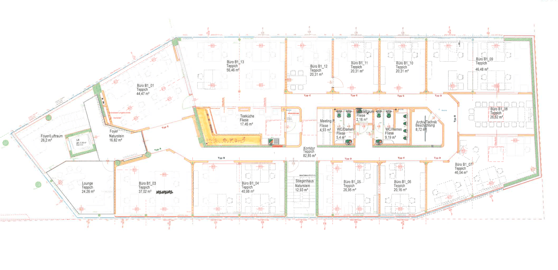 Detaillierter Grundriss eines Büroetage mit verschiedenen Büroräumen, Foyer und Lounge-Bereich.
