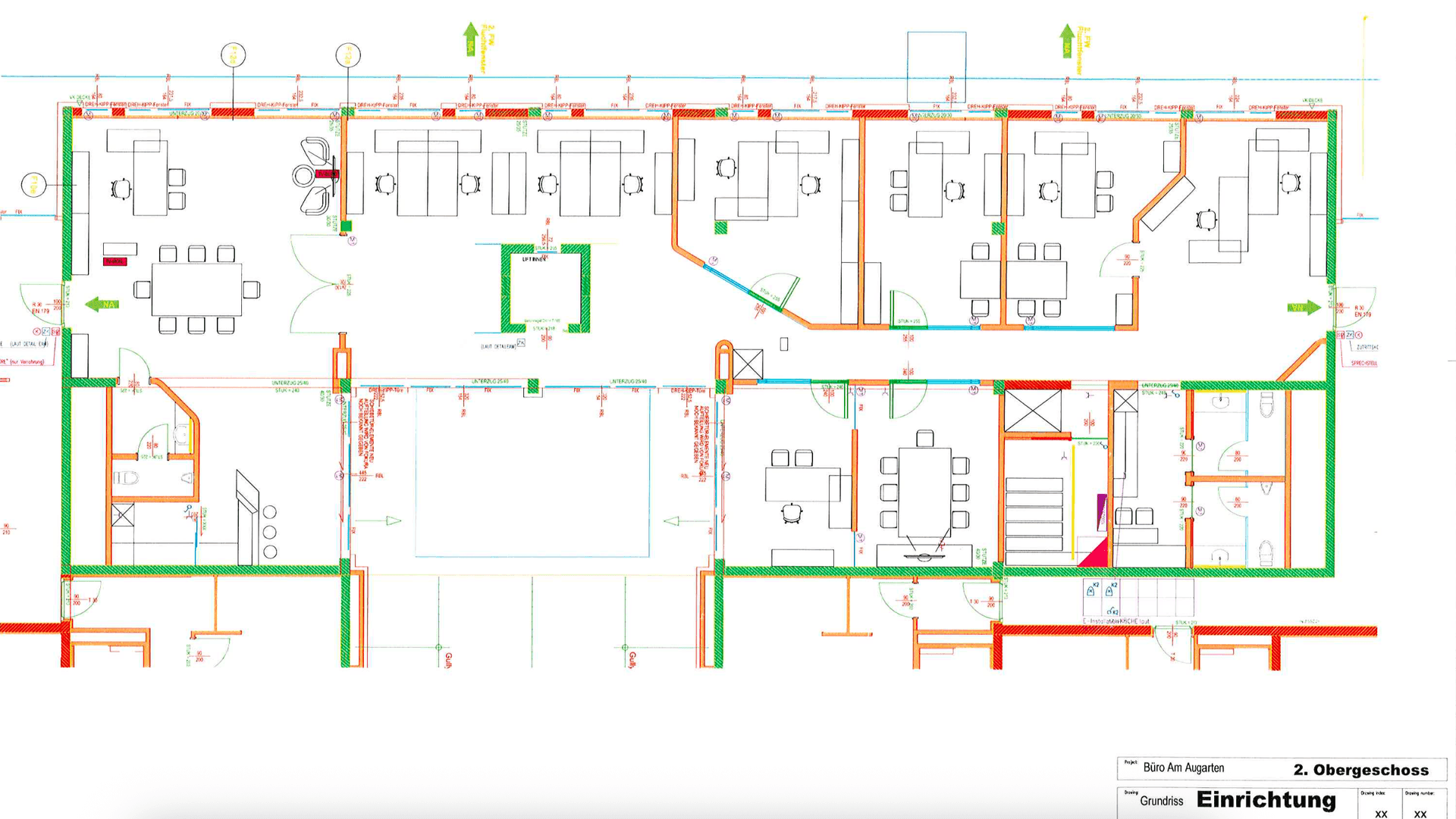 Grundriss des zweiten Obergeschosses mit flexiblen Büroräumen, einem Konferenzbereich und Toiletten.