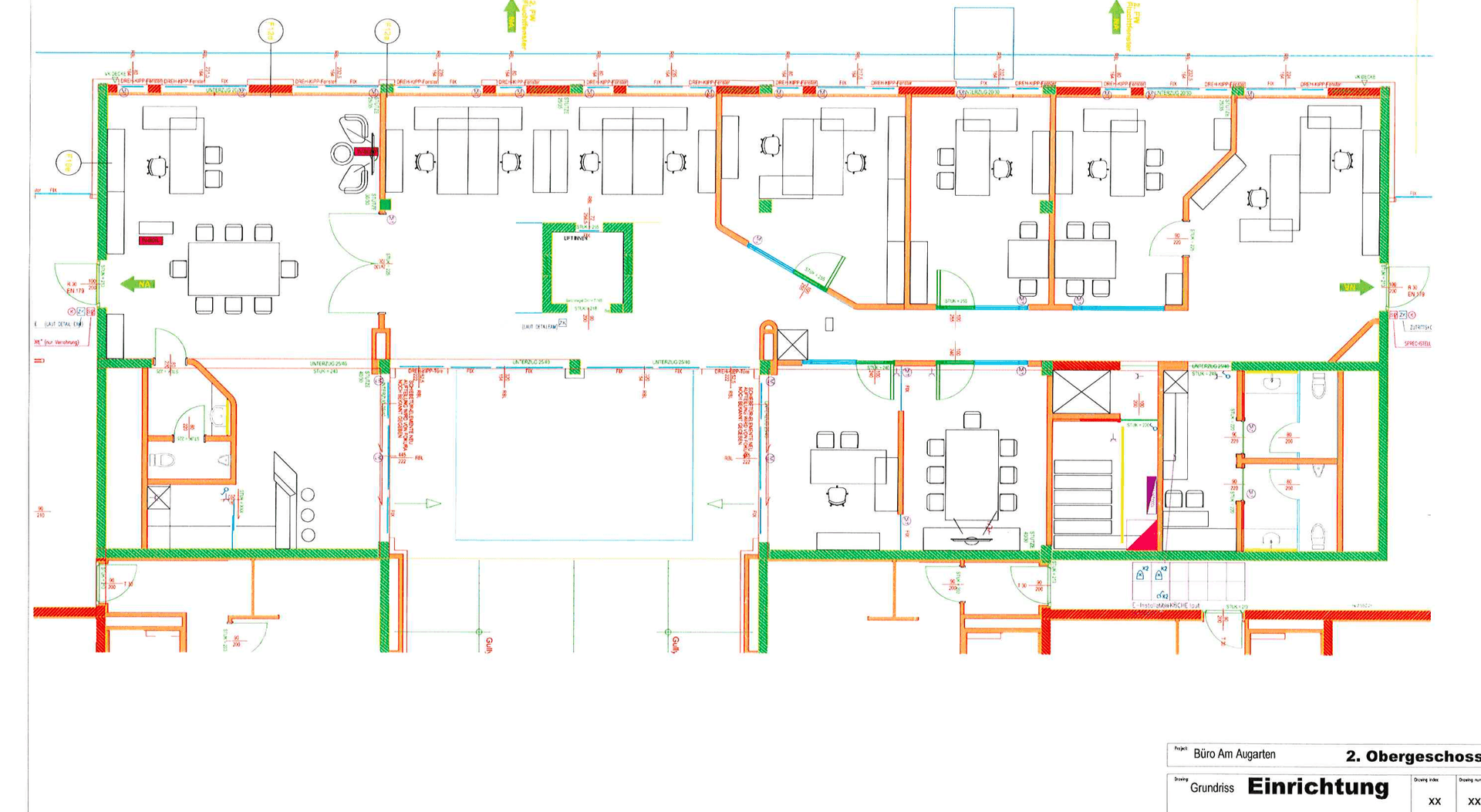 Grundriss des zweiten Obergeschosses mit flexiblen Büroeinheiten, Besprechungsräumen und Toilettenbereichen.