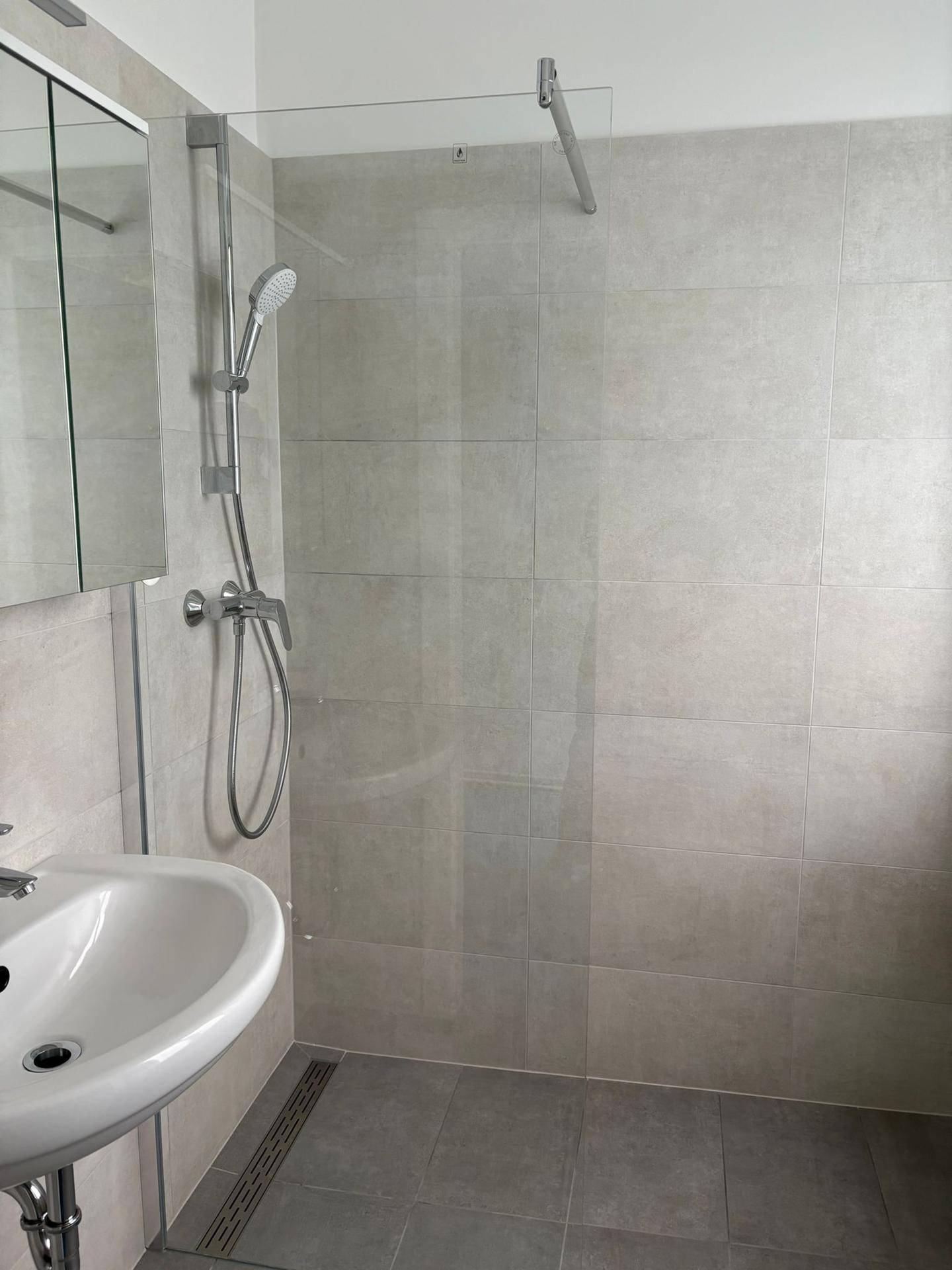 Modernes Badezimmer mit ebenerdiger Dusche, grauen Fliesen und einem Waschbecken mit Spiegelschrank.