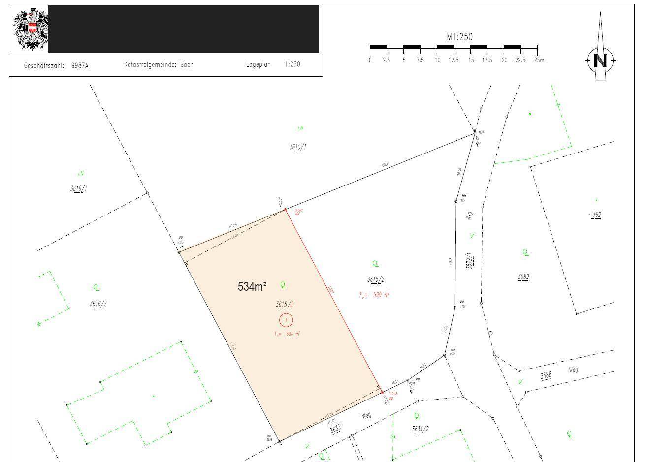 Katasterplan eines Grundstücks von 534 m² mit eingezeichneten Grenzen und umliegenden Wegen.