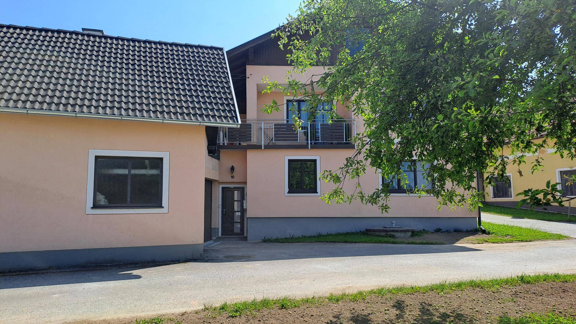 Ansicht des Wohnhauses von vorne mit einem Baum im Vordergrund.