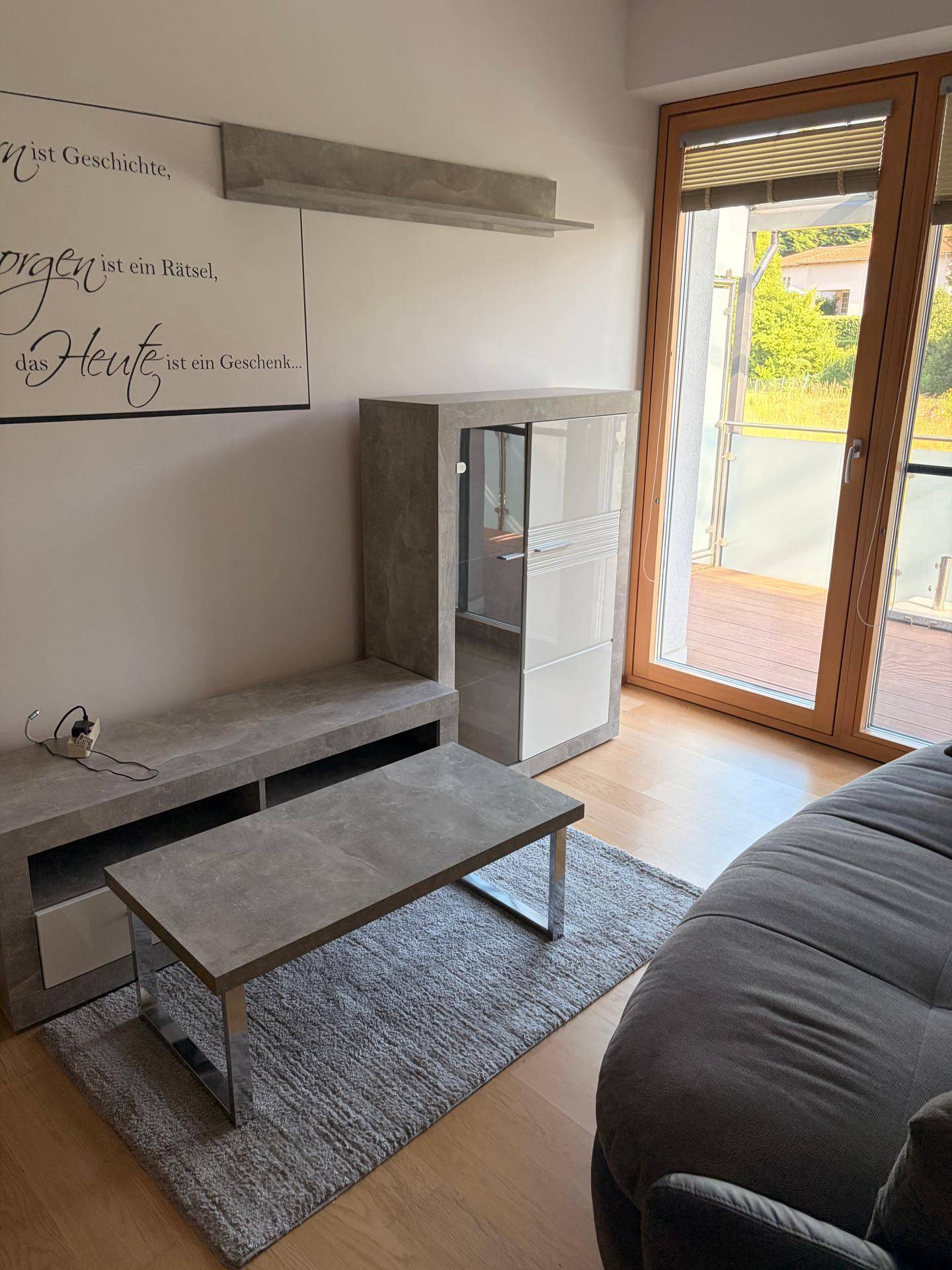 Helles Wohnzimmer mit modernem Mobiliar, Holzboden und Zugang zu einem Balkon.