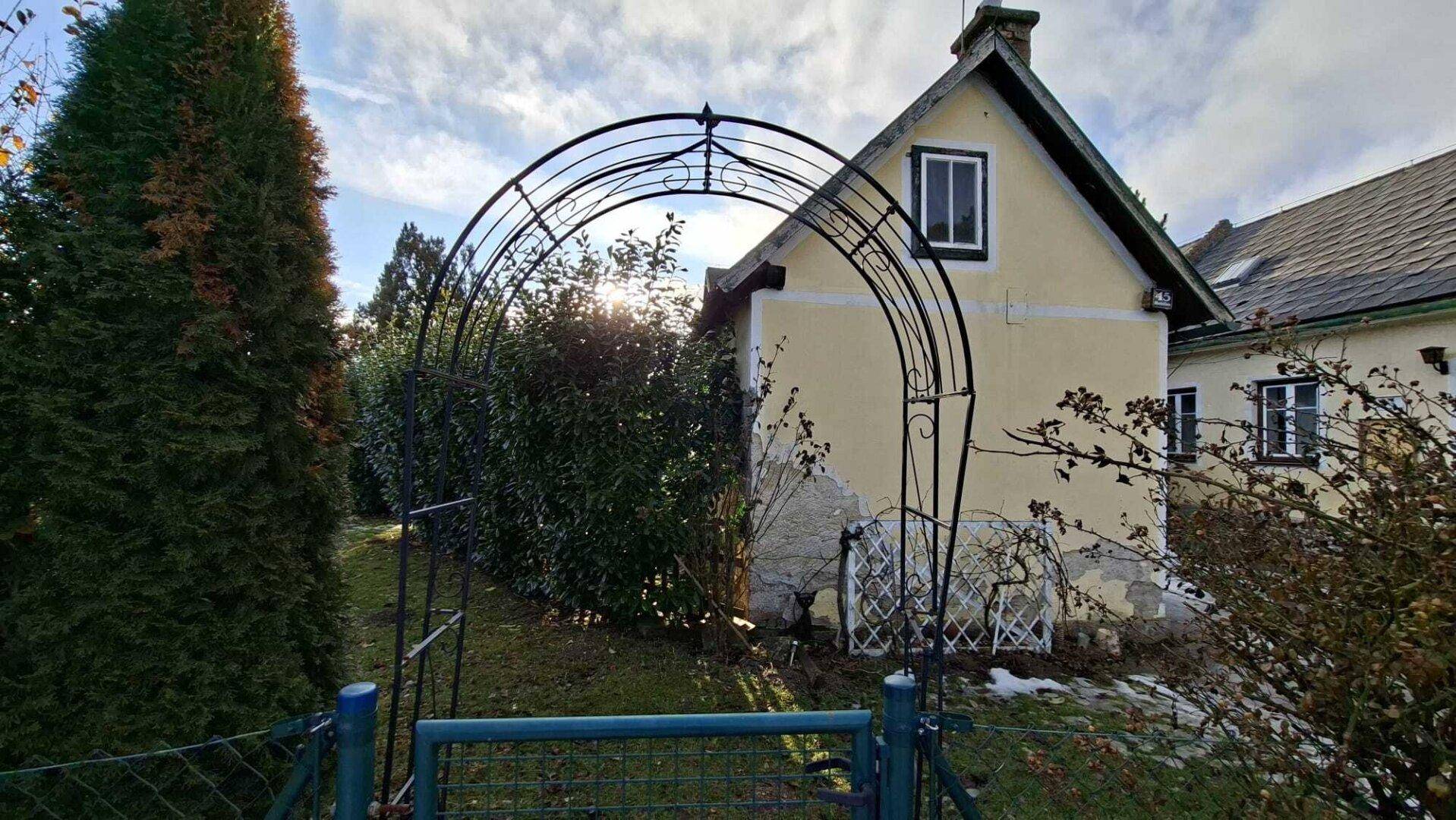 Garten mit einem dekorativen Metallbogen und Blick auf das Haus.