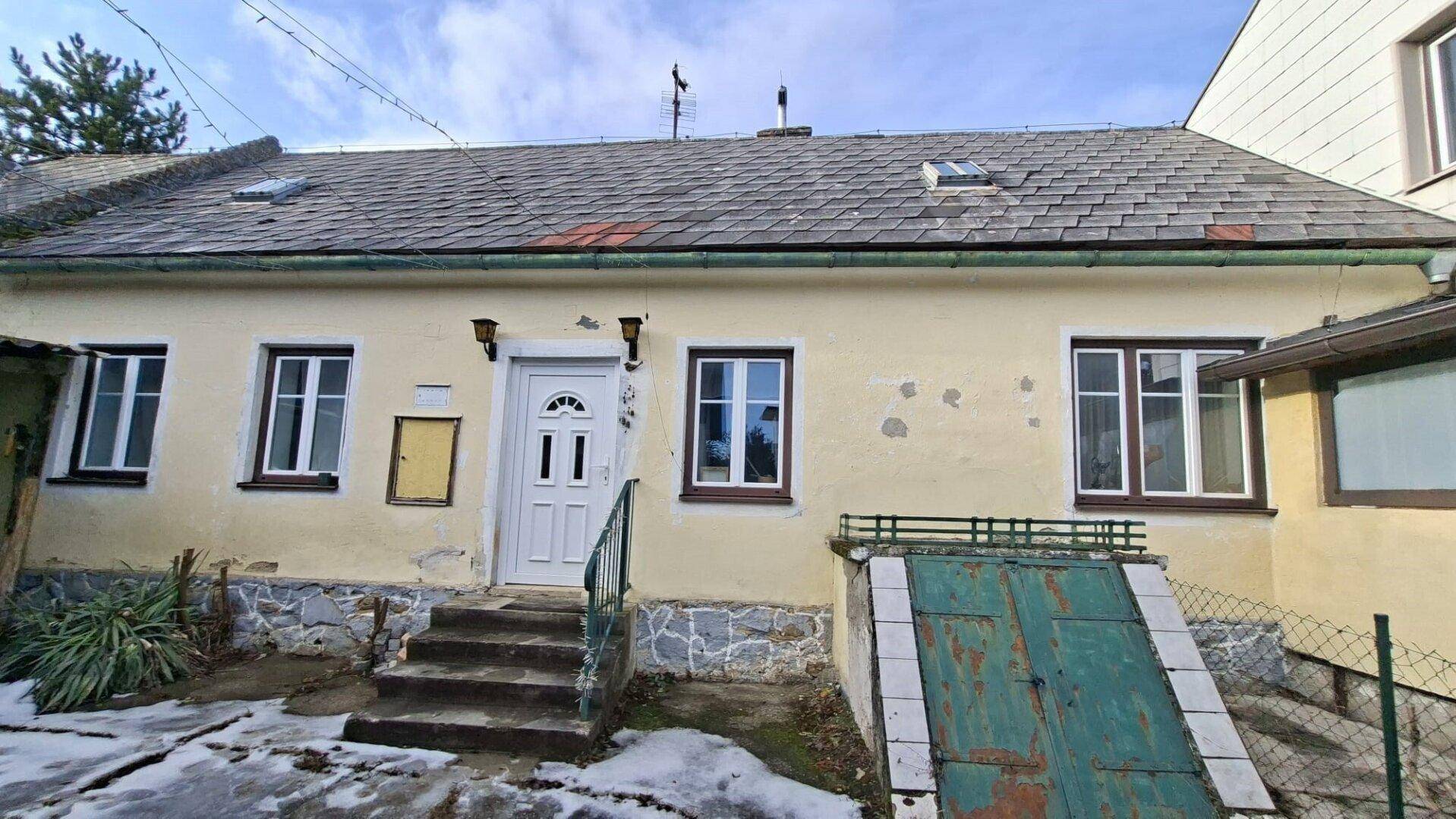 Vorderansicht des Hauses mit Eingangstür, Fenstern und Kellerzugang.