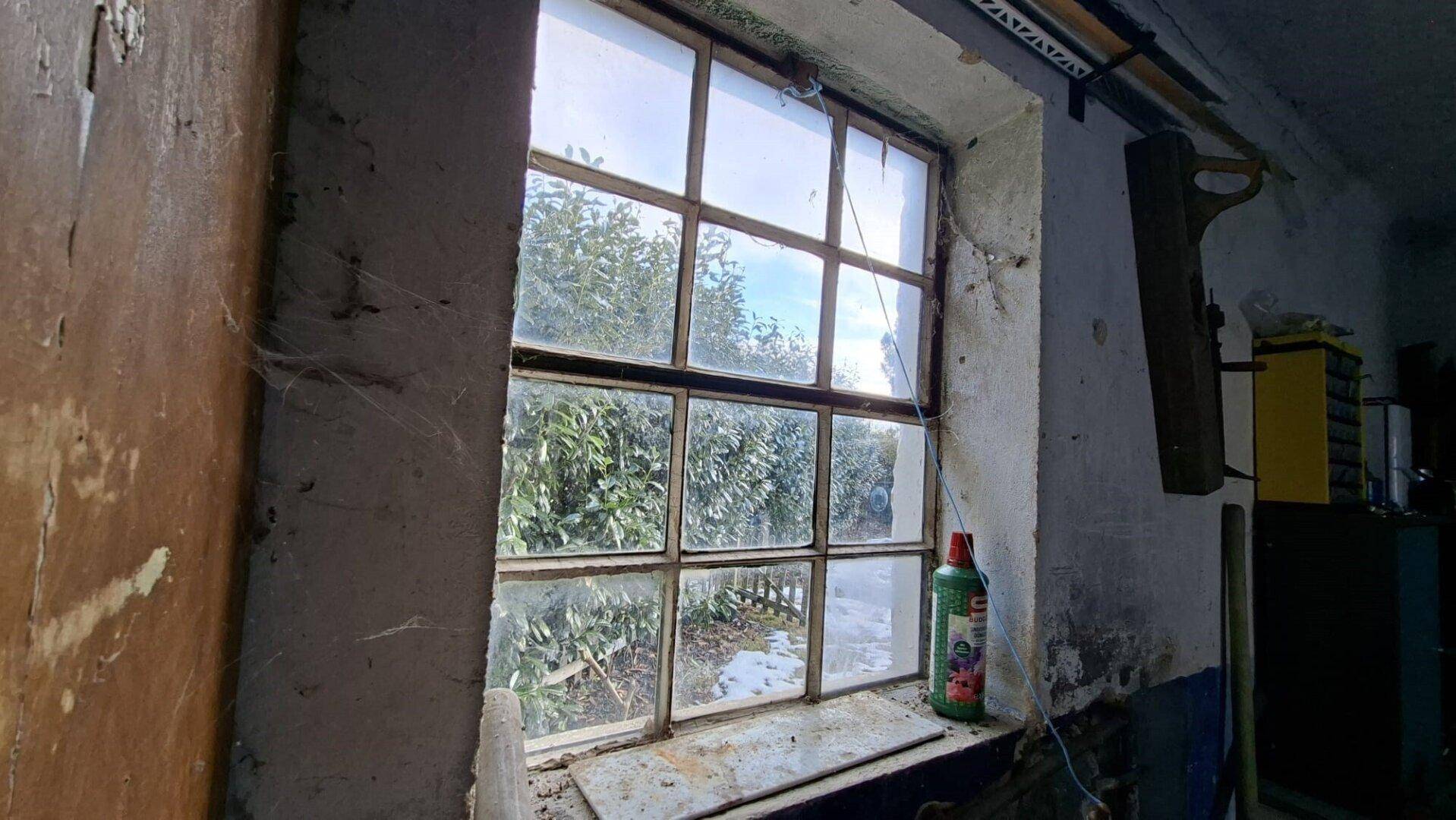 Nahaufnahme eines alten Fensters mit mehreren Scheiben, das einen Blick auf Büsche und Schnee bietet.