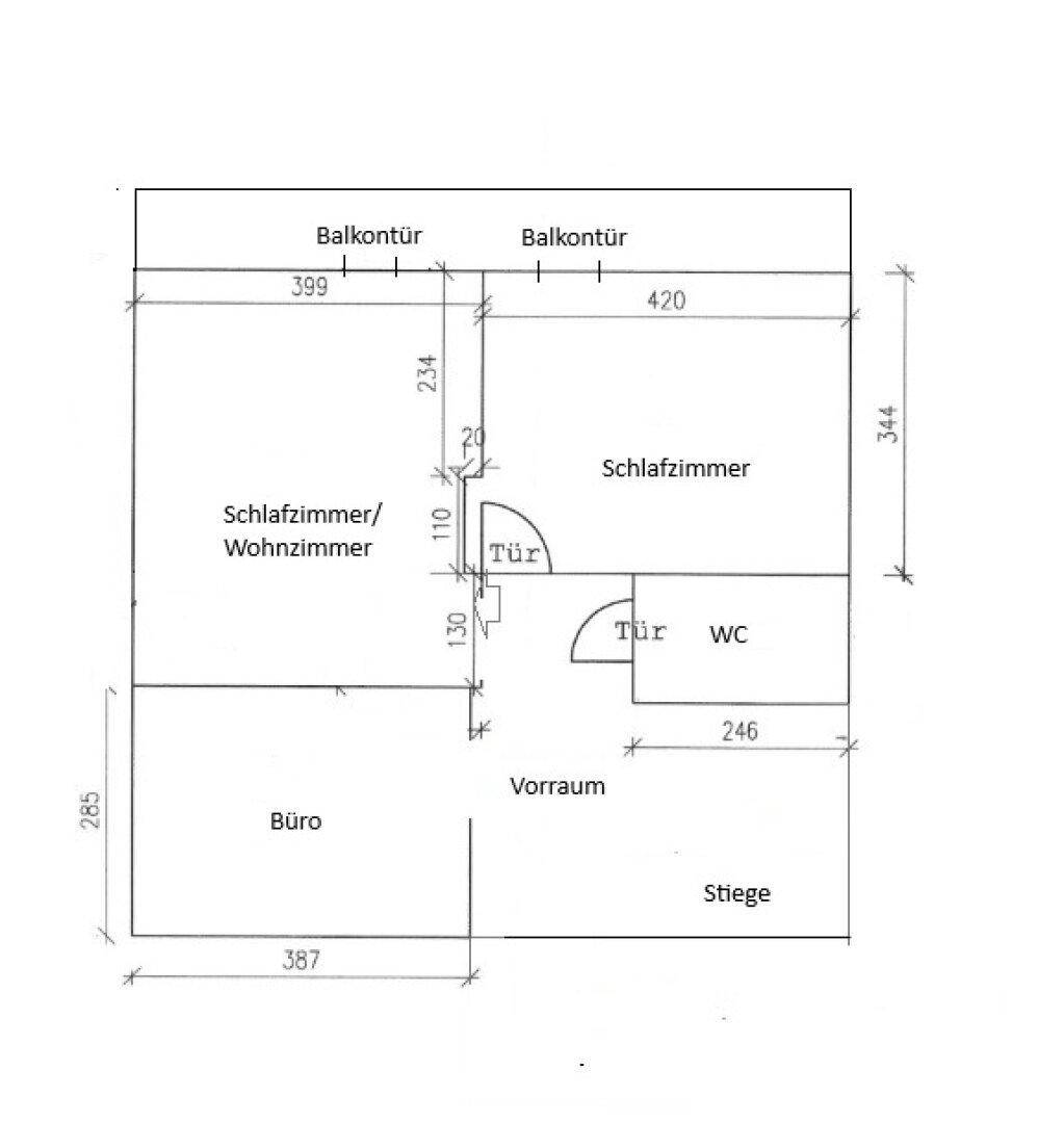Grundrissplan einer Wohnung mit zwei Schlafzimmern, einem Büro und separatem WC, inklusive Balkontüren.