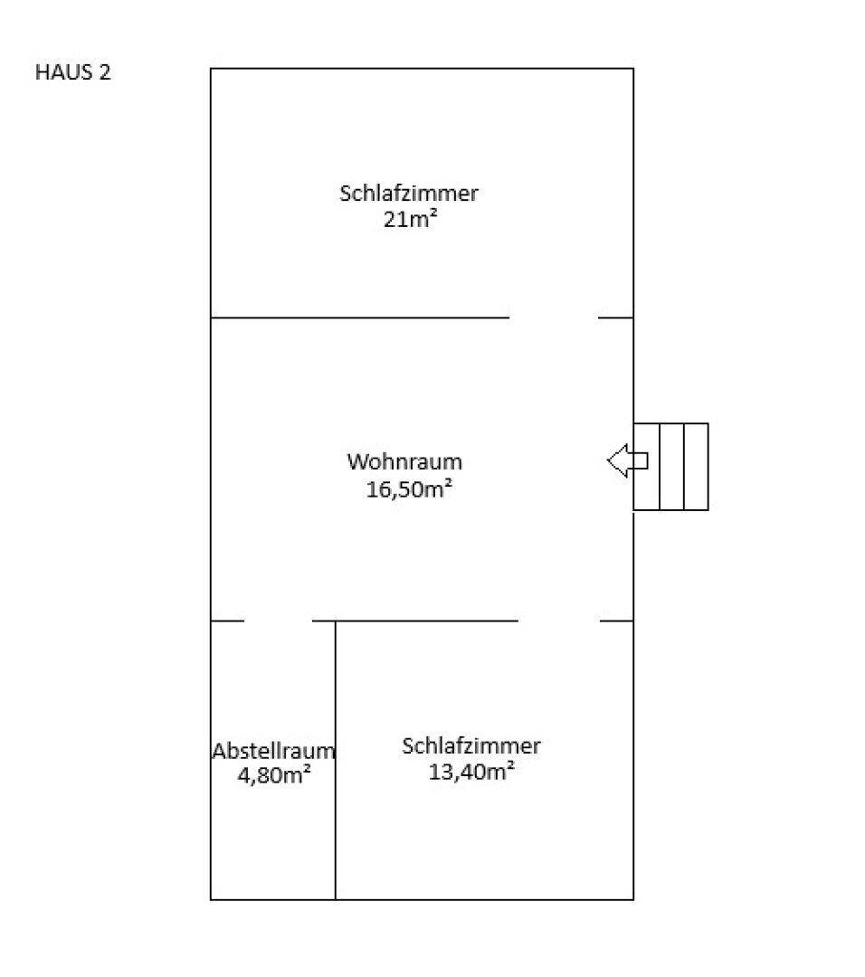 Grundrissplan für Haus 2 mit Schlafzimmern, Wohnraum und Abstellraum, inklusive Flächenangaben.