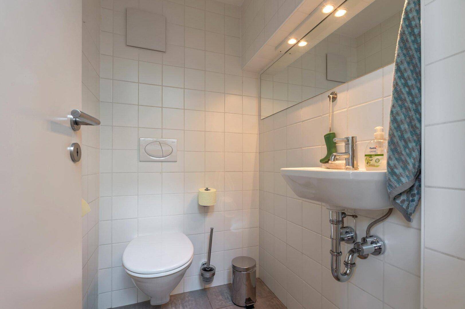 Kleines Gäste-WC mit wandhängender Toilette und Waschbecken, komplett gefliest.