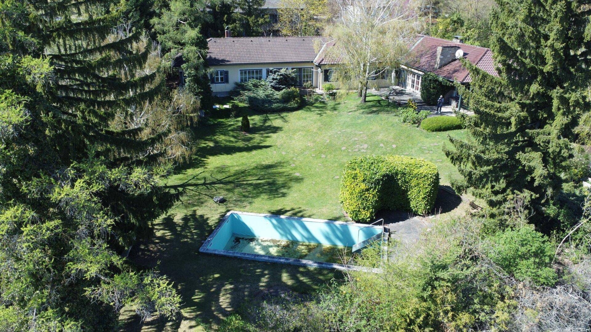 Luftaufnahme des Anwesens mit Pool, großem Rasen und dichtem Baumbestand.