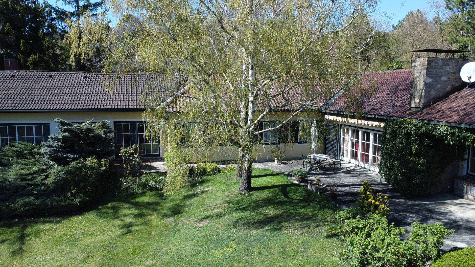 Ansicht des Hauses vom weitläufigen Garten aus mit gepflegtem Rasen und altem Baumbestand.