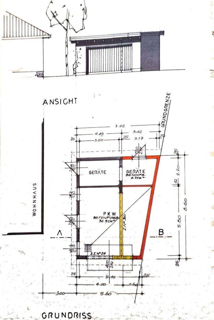 Architektonischer Grundriss und Ansicht einer Garage mit Abstellbereichen.