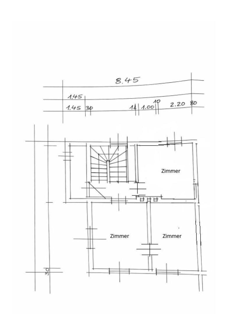 Grundriss des Obergeschosses mit drei Zimmern und Treppenaufgang.